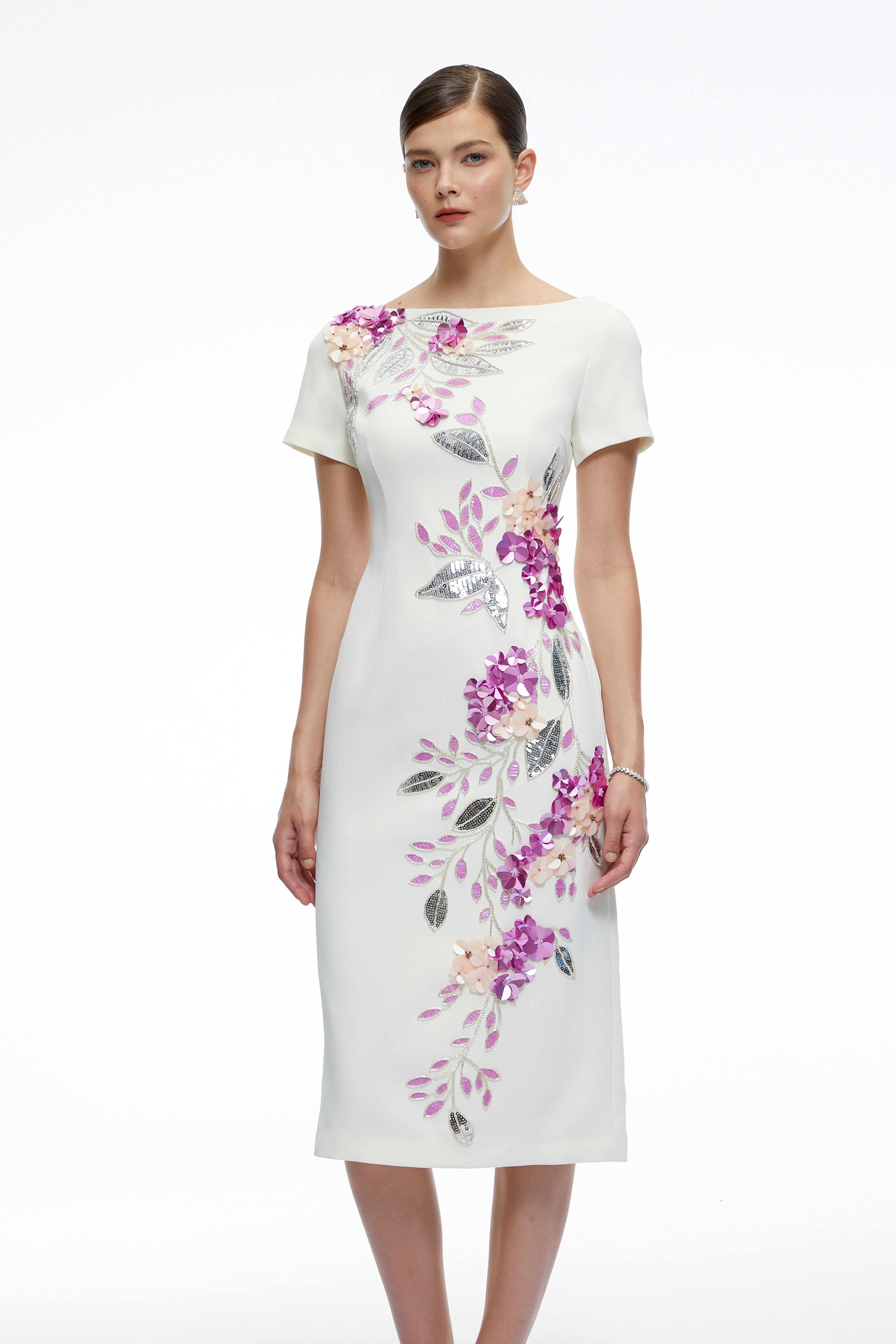 Althea White Short Sleeves Midi Dress with 3D Florals