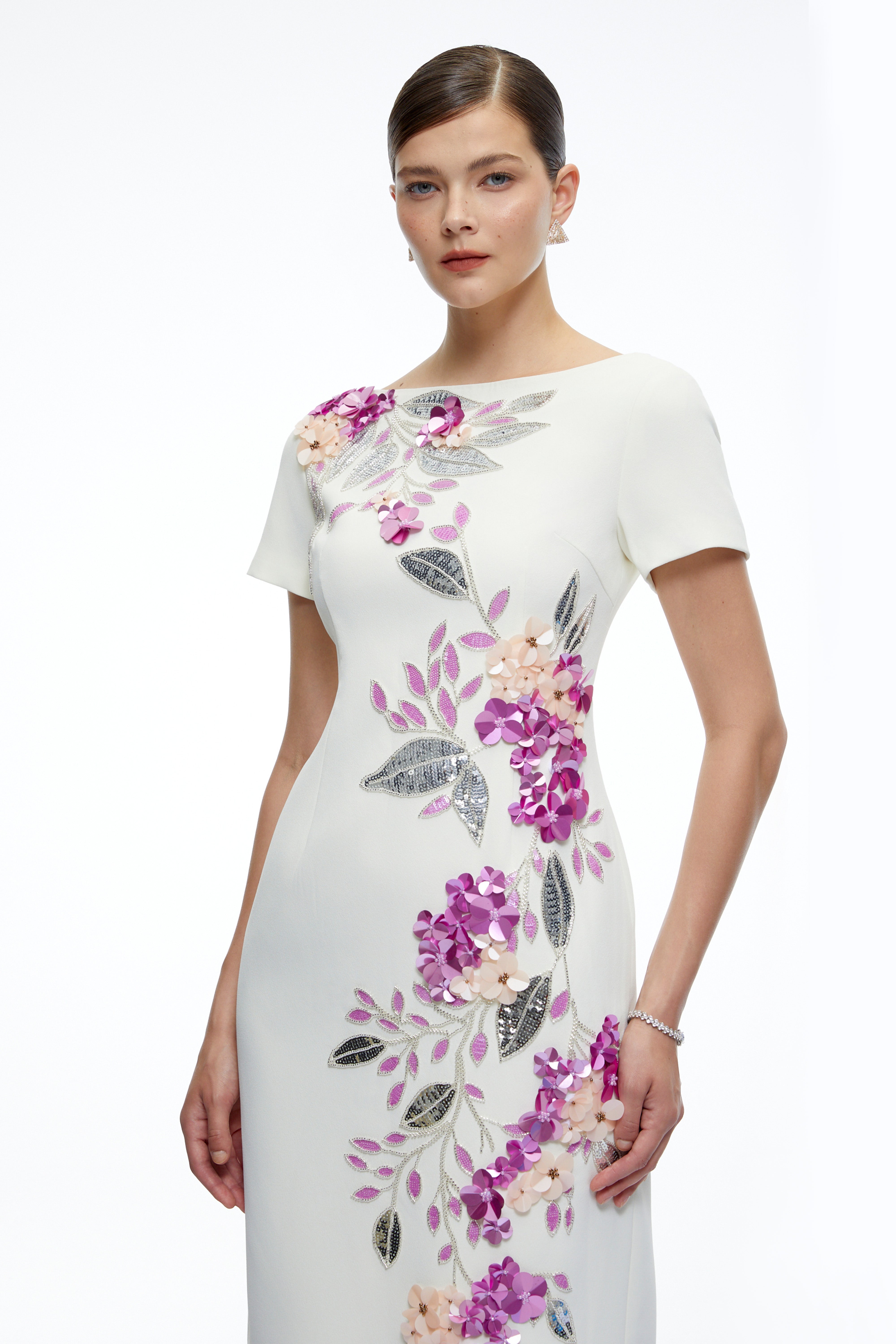 Althea White Short Sleeves Midi Dress with 3D Florals