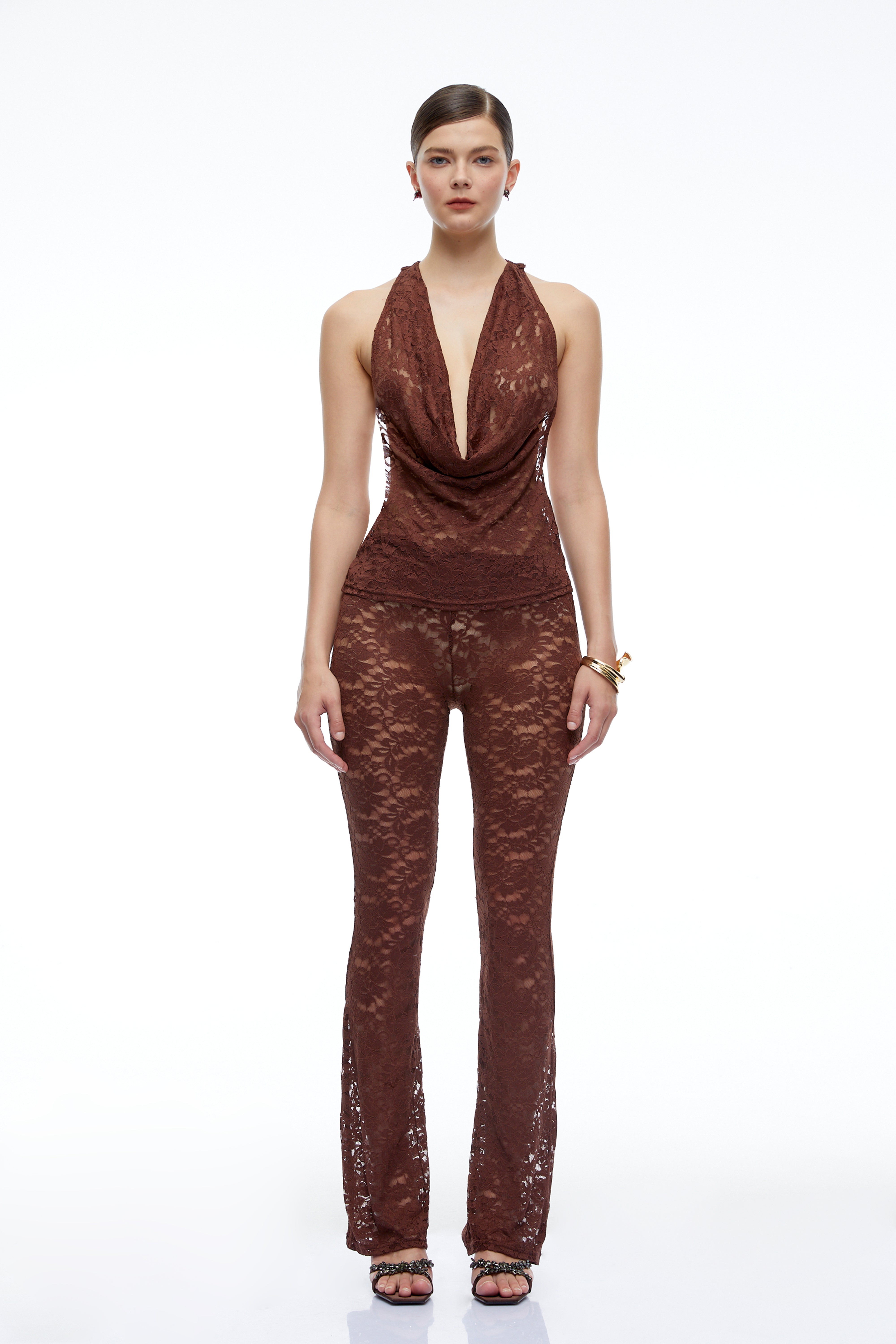 Amabel Brown Lace Halterneck Top & Flared Trousers Set