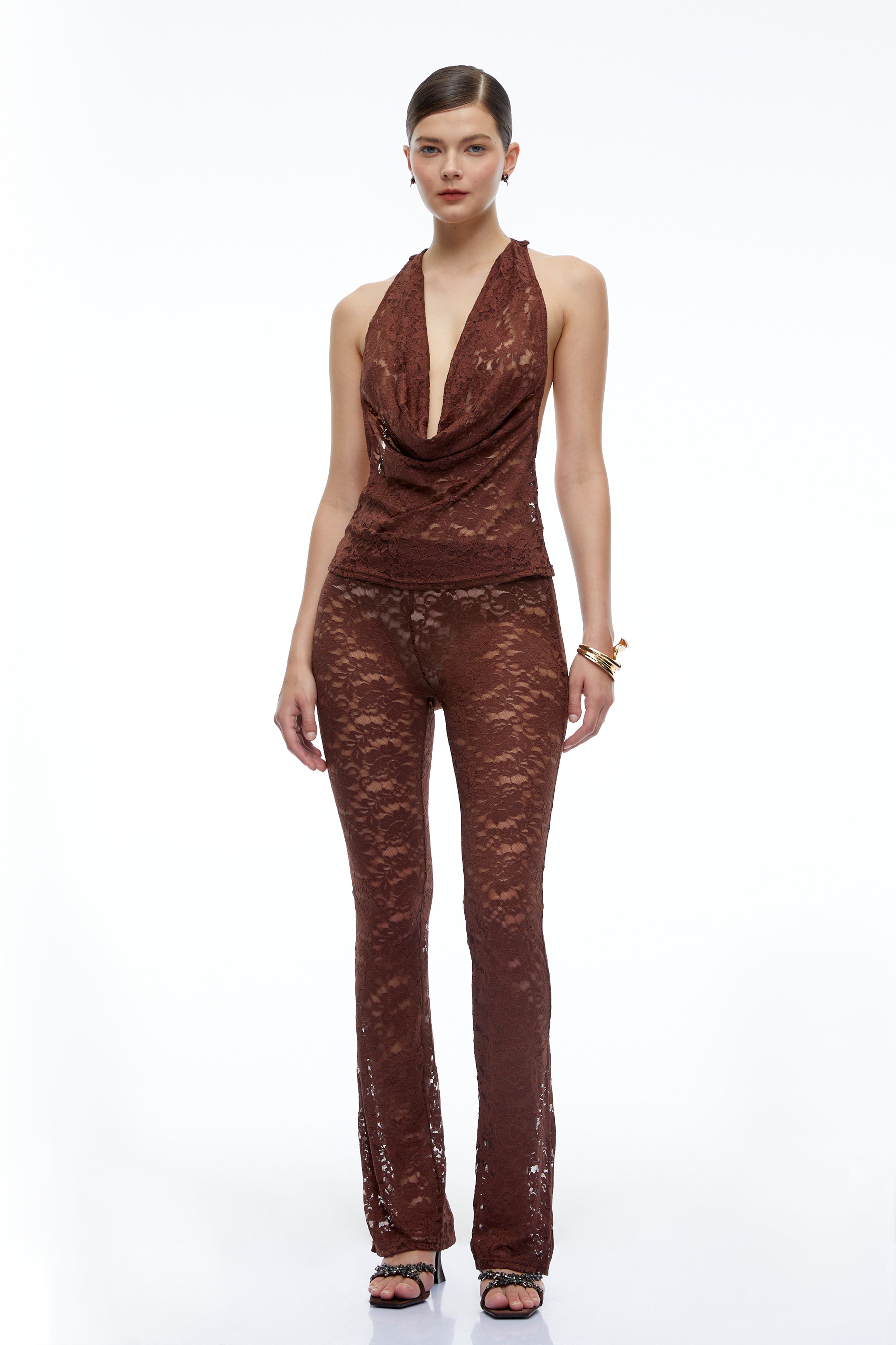 Amabel Brown Lace Halterneck Top & Flared Trousers Set