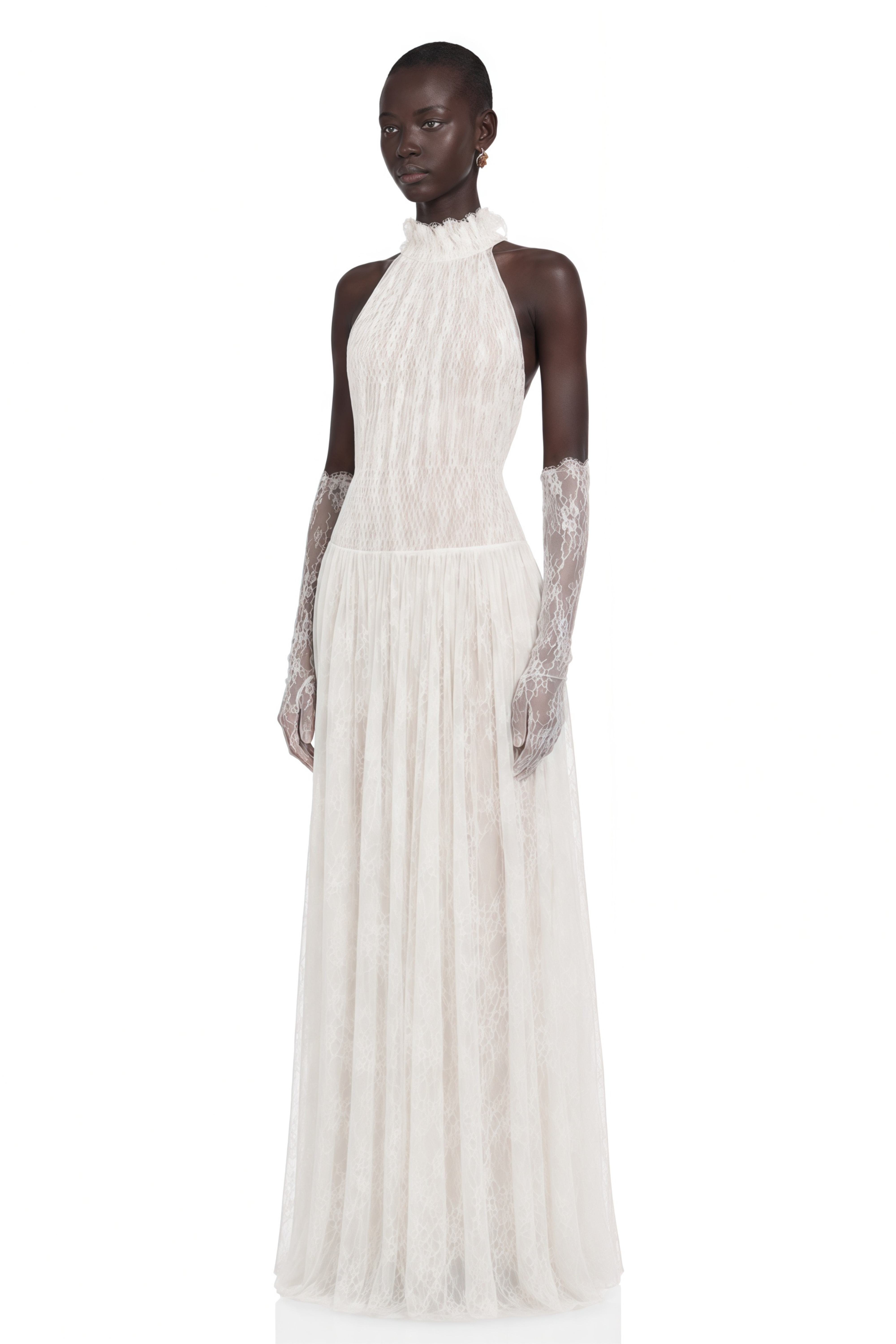 Amandine White Halterneck Semi-sheer Maxi Dress (Without Gloves)
