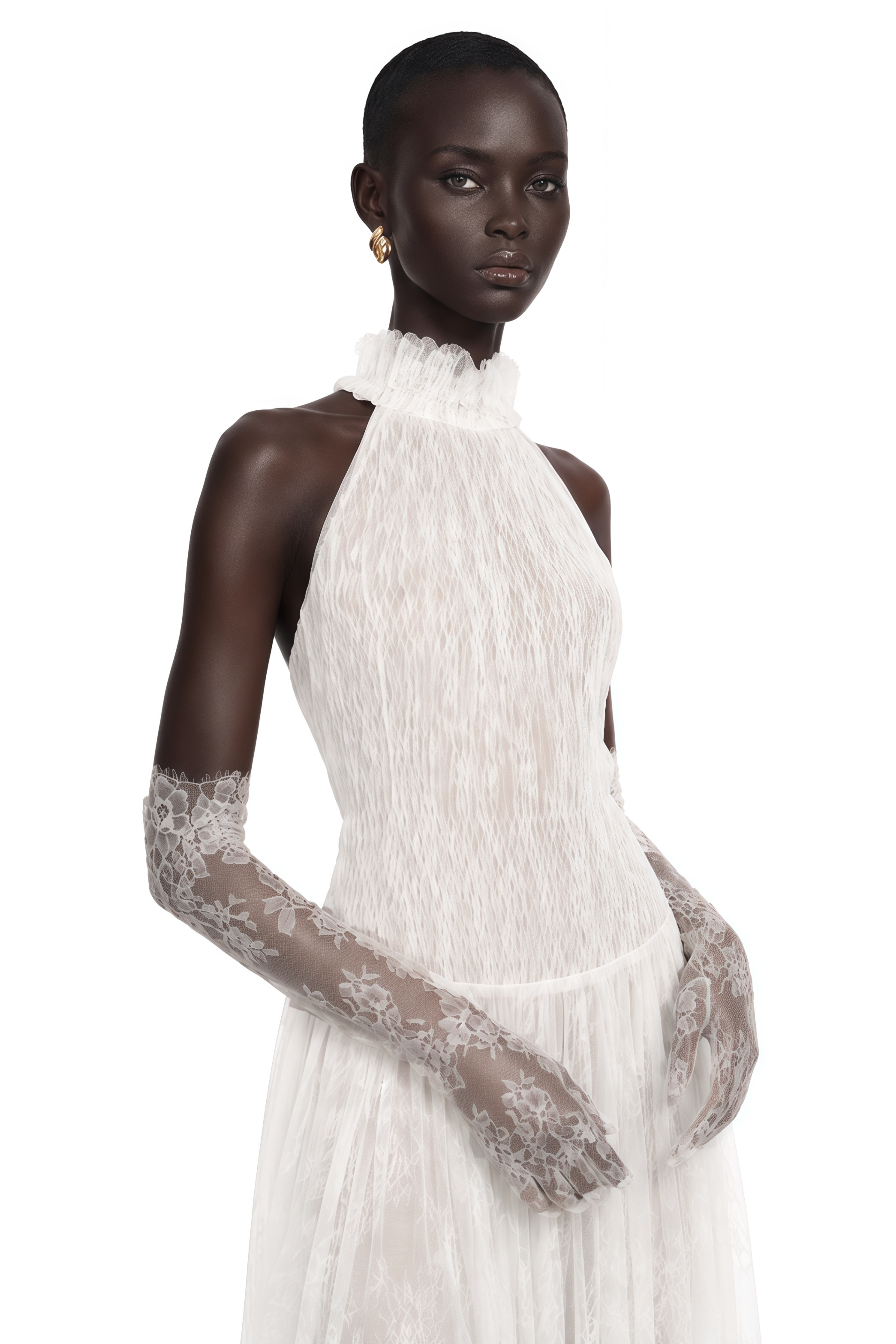 Amandine White Halterneck Semi-sheer Maxi Dress (Without Gloves)