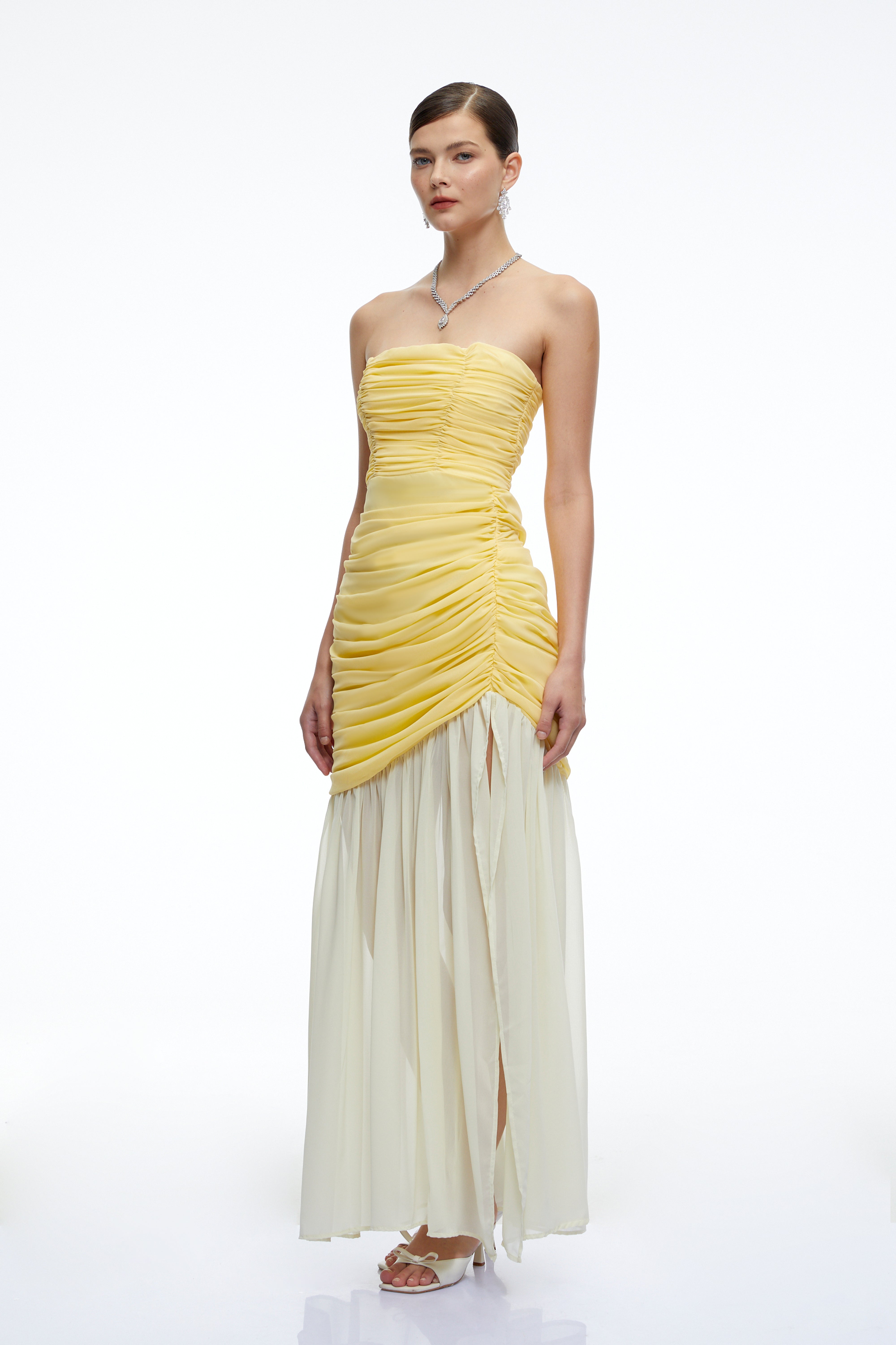 Amandine Yellow Ruched Maxi Dress with Slit