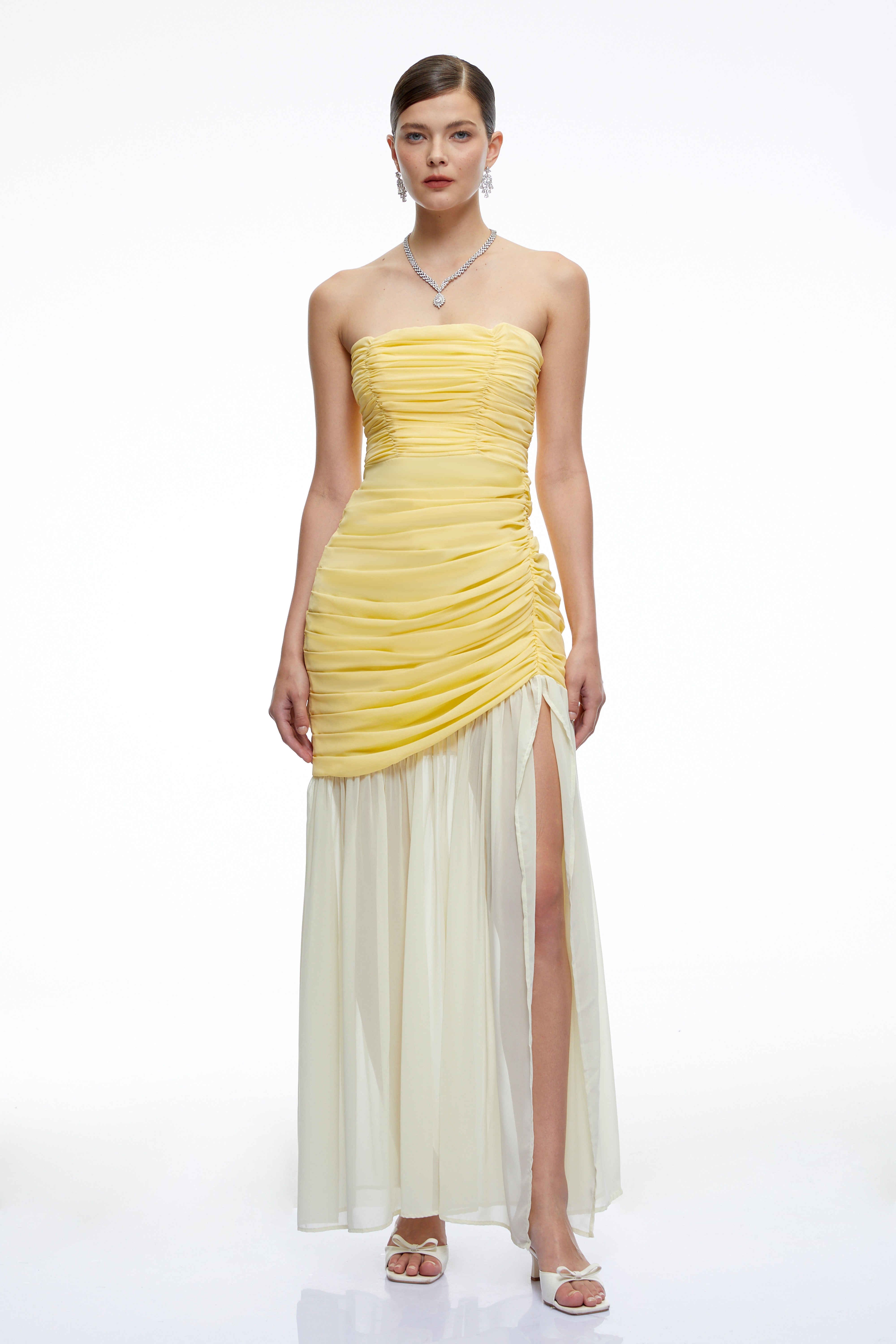 Amandine Yellow Ruched Maxi Dress with Slit