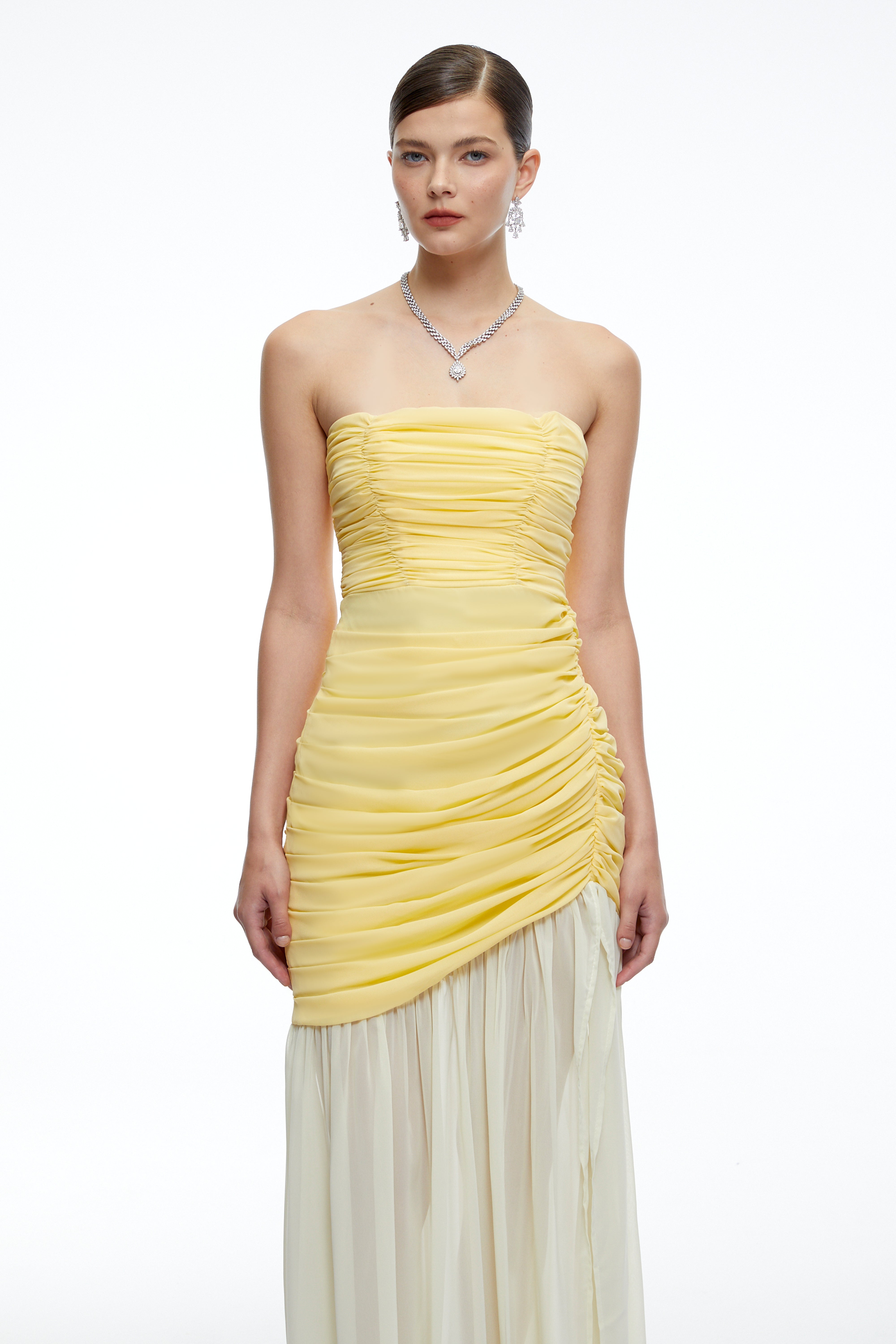 Amandine Yellow Ruched Maxi Dress with Slit