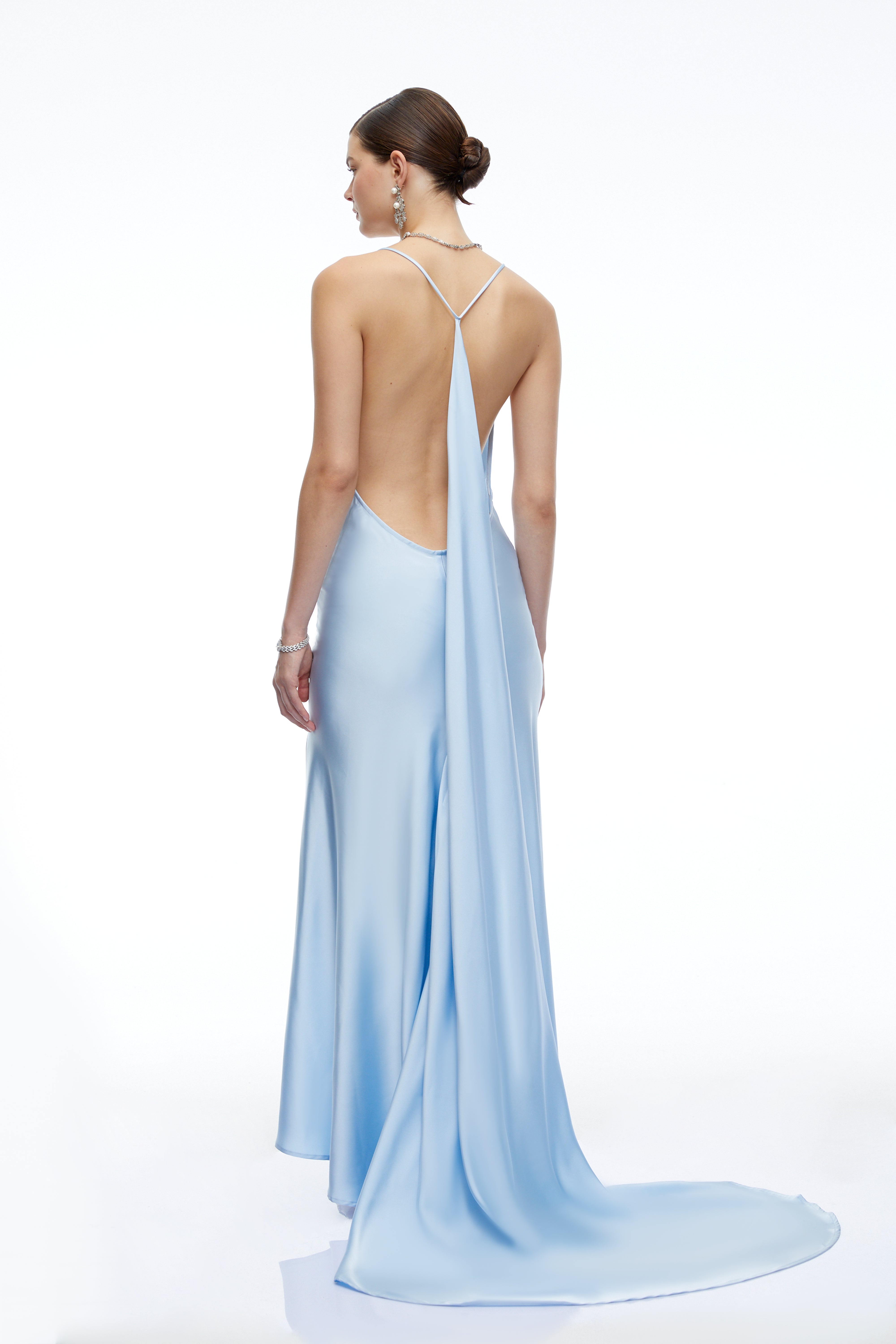 Amara Blue Satin Cowl Neck Maxi Dress