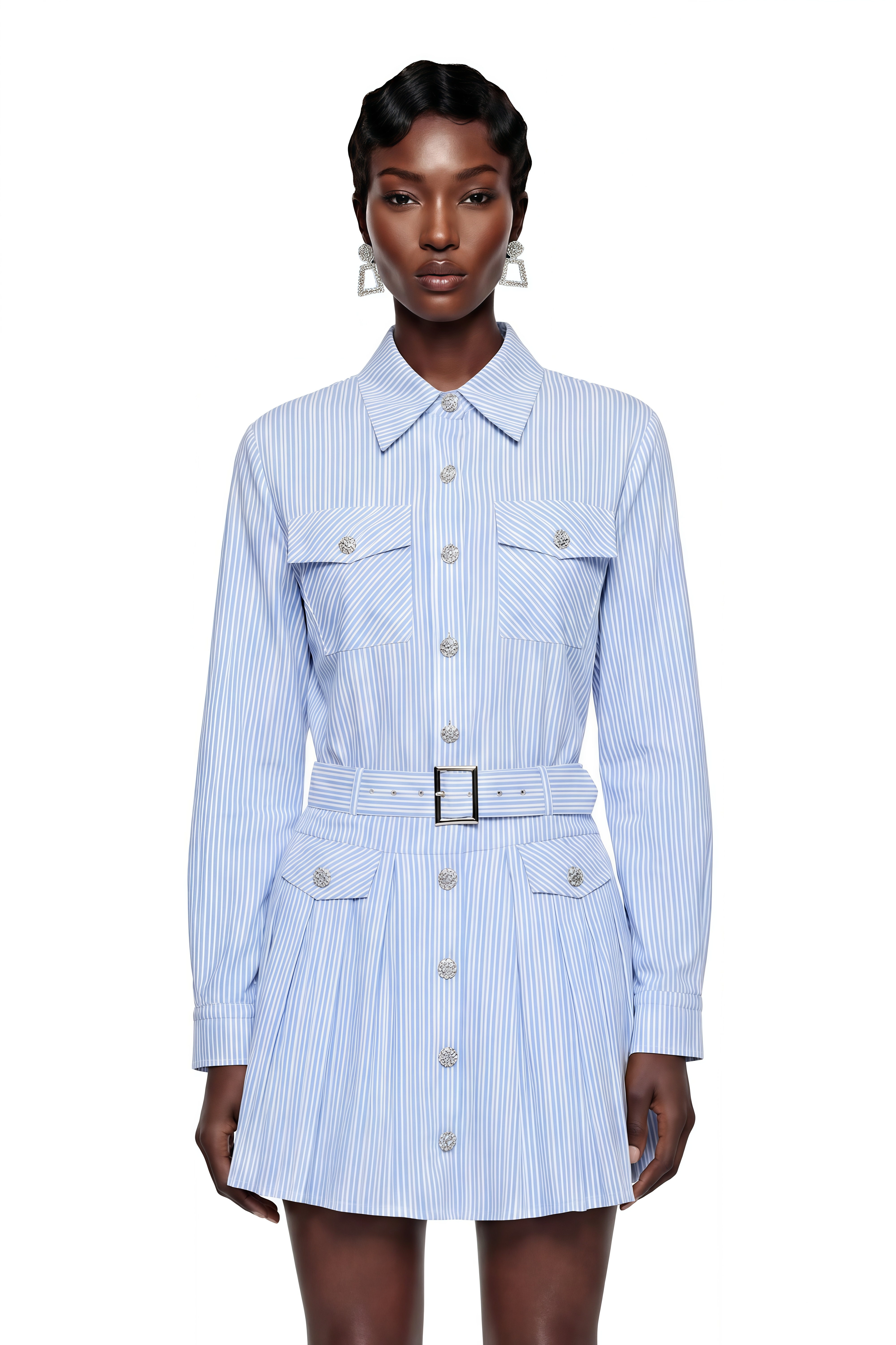 Amarante Blue Striped Belted Blouse & Skirt Set