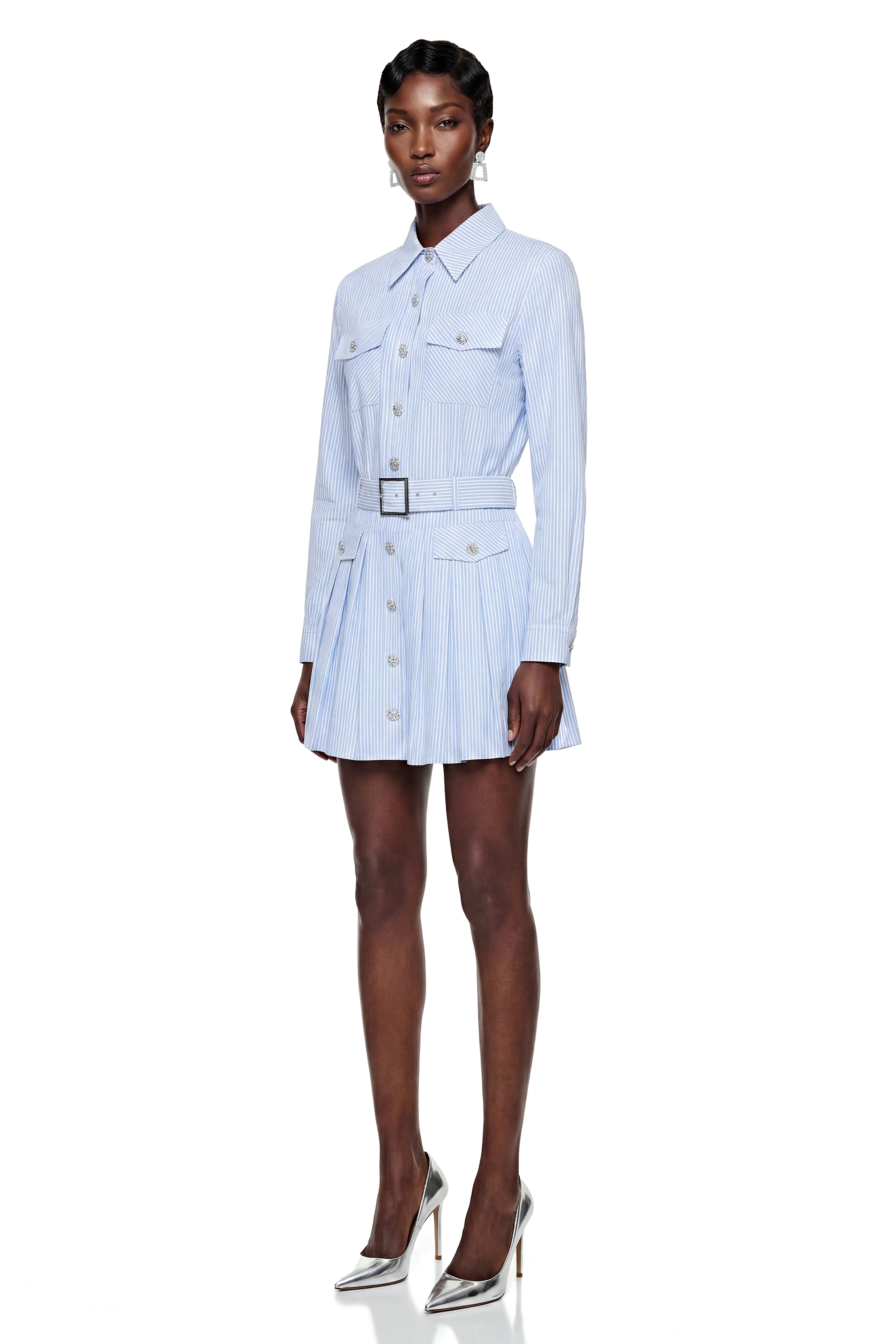 Amarante Blue Striped Belted Blouse & Skirt Set
