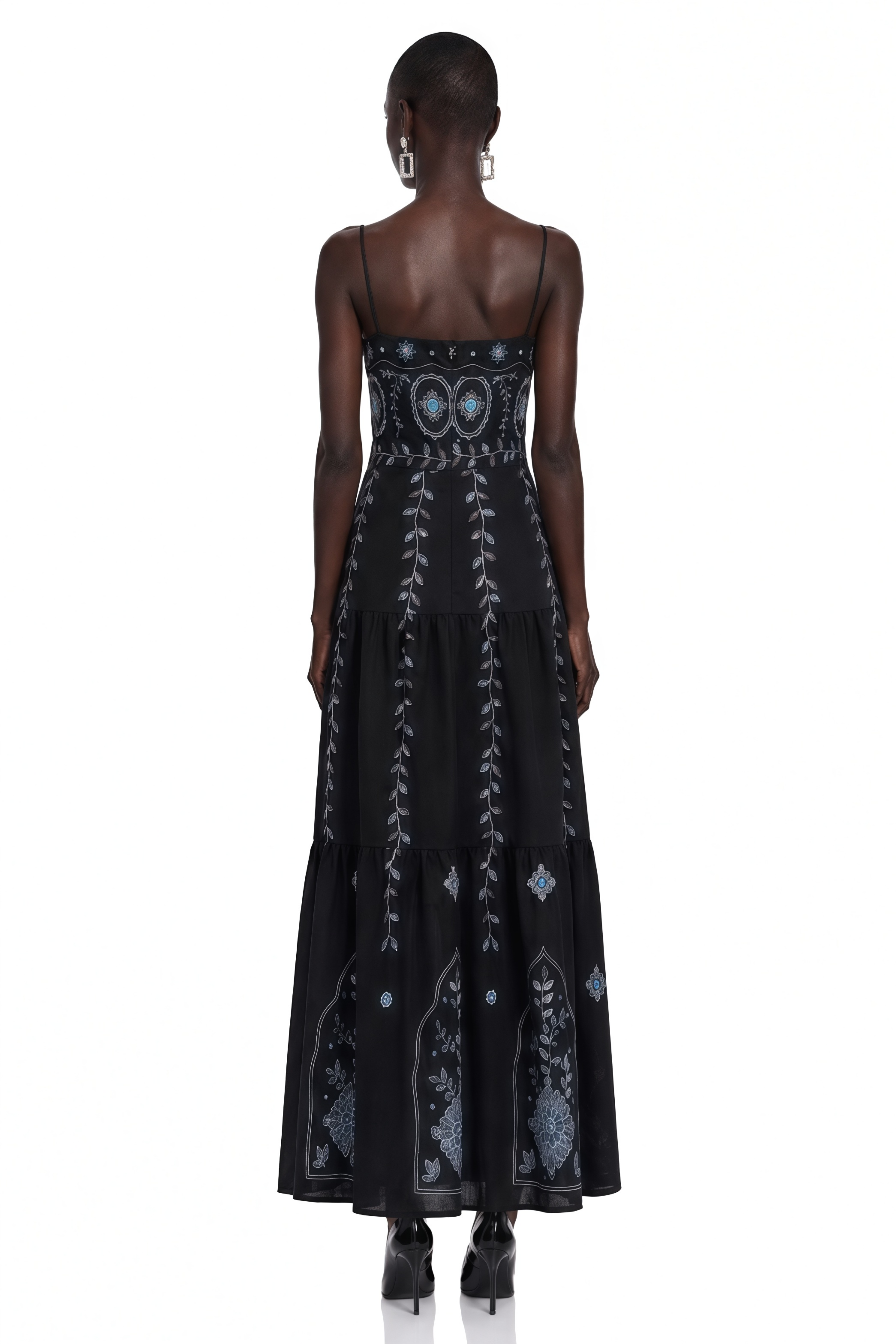 Amarinthe Black Embroidered Maxi Dress with Spaghetti Straps