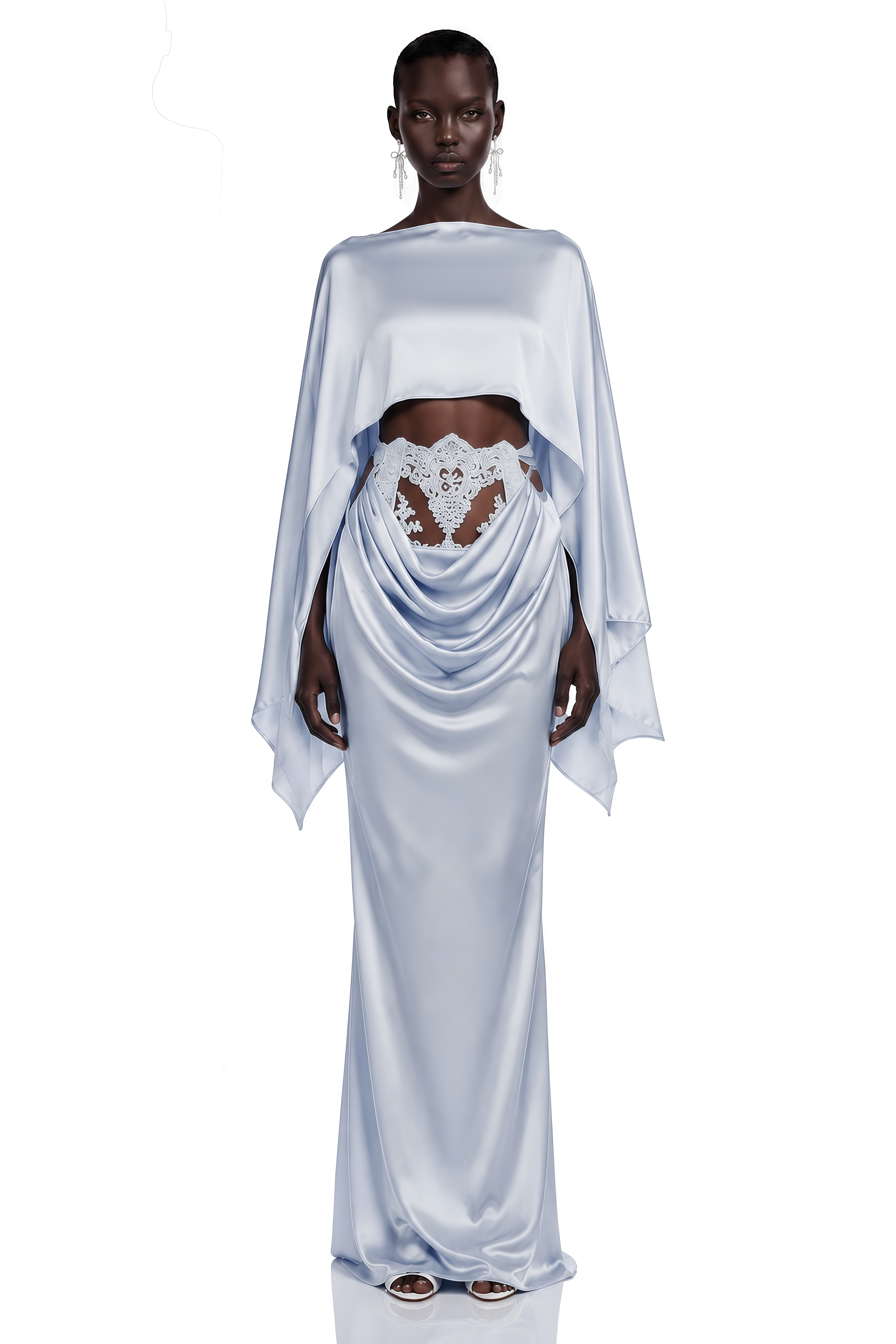 Light blue satin gown with a matching capelet and a lace cutout waist