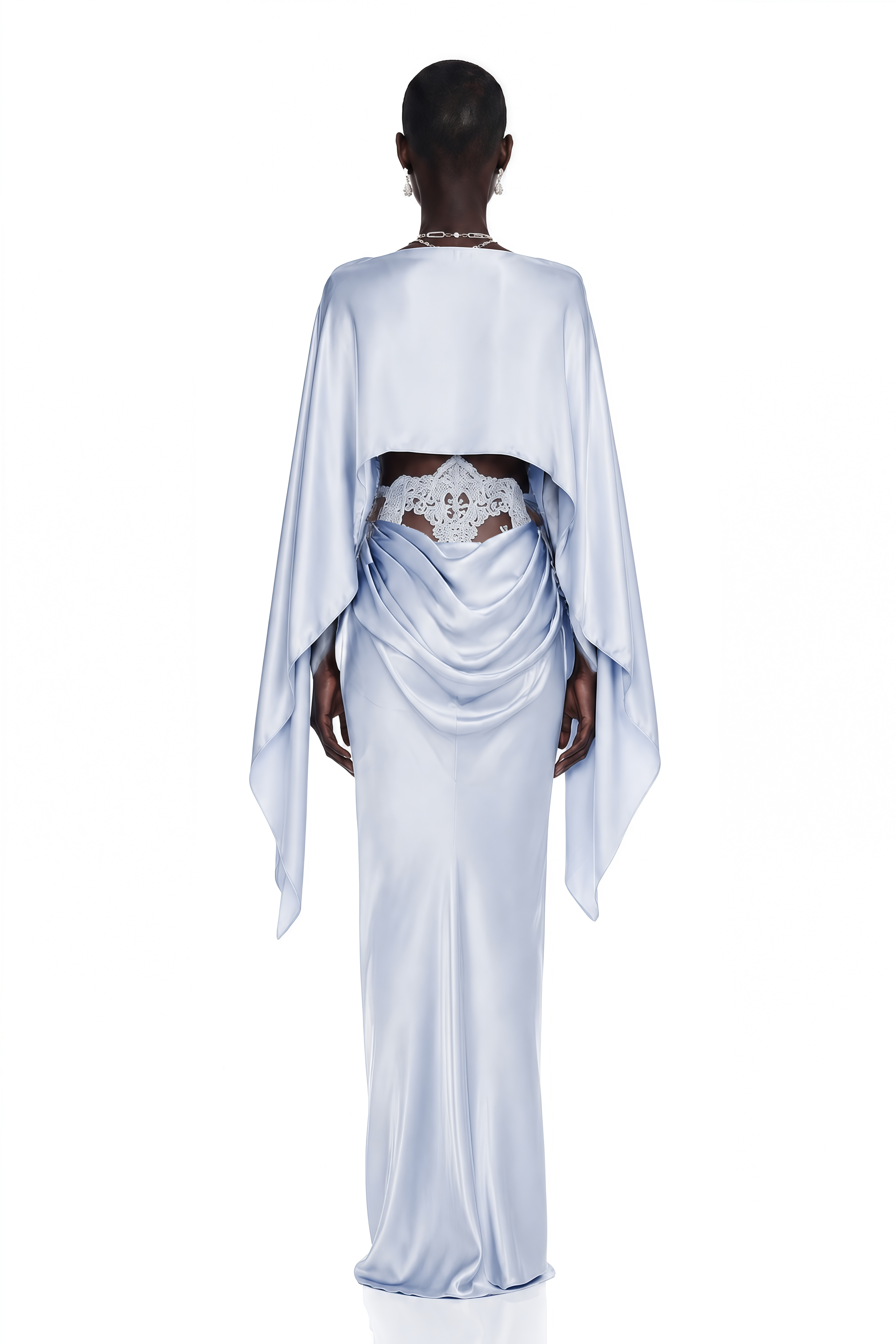 Light blue satin gown with a matching capelet and a lace cutout waist