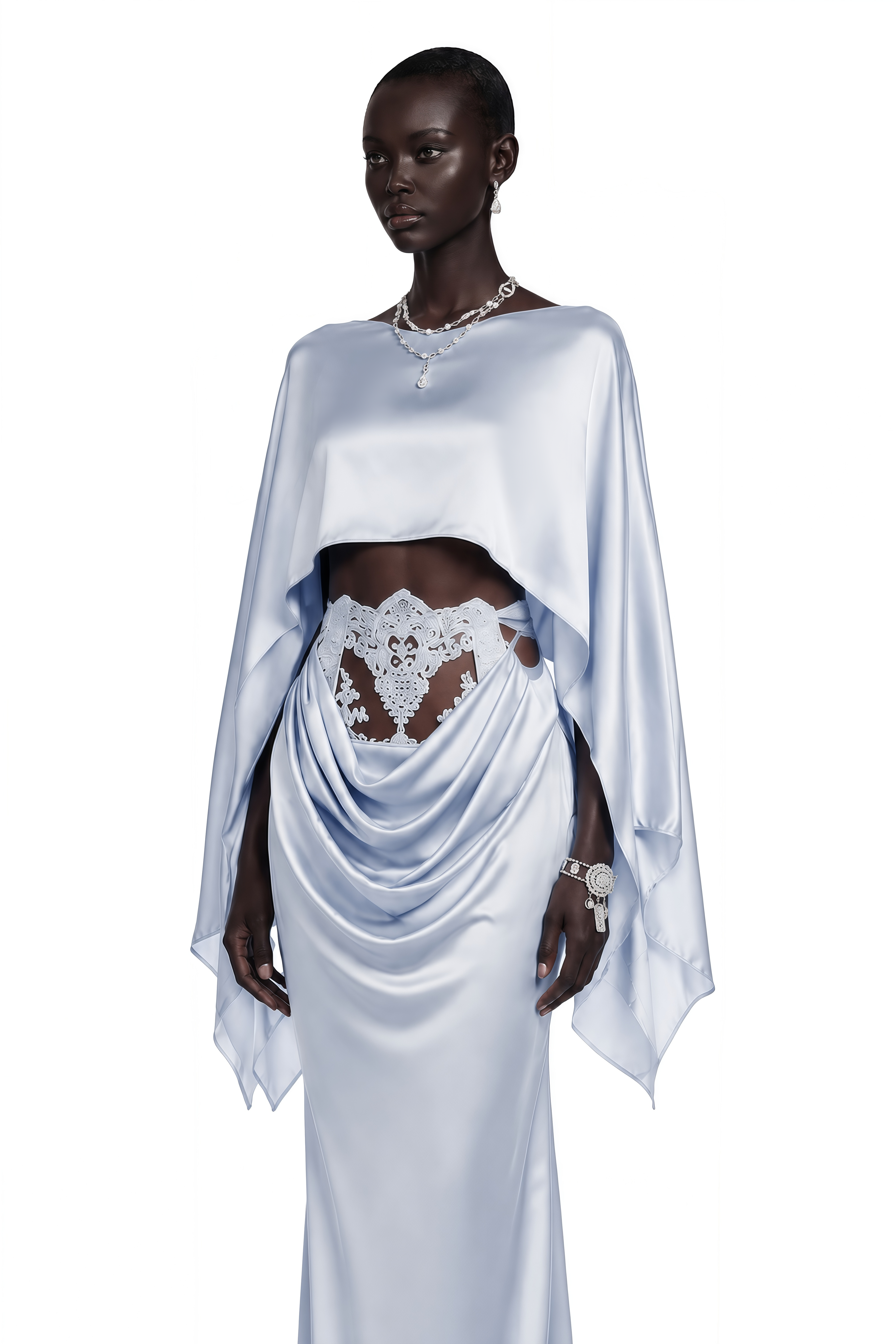 Light blue satin gown with a matching capelet and a lace cutout waist