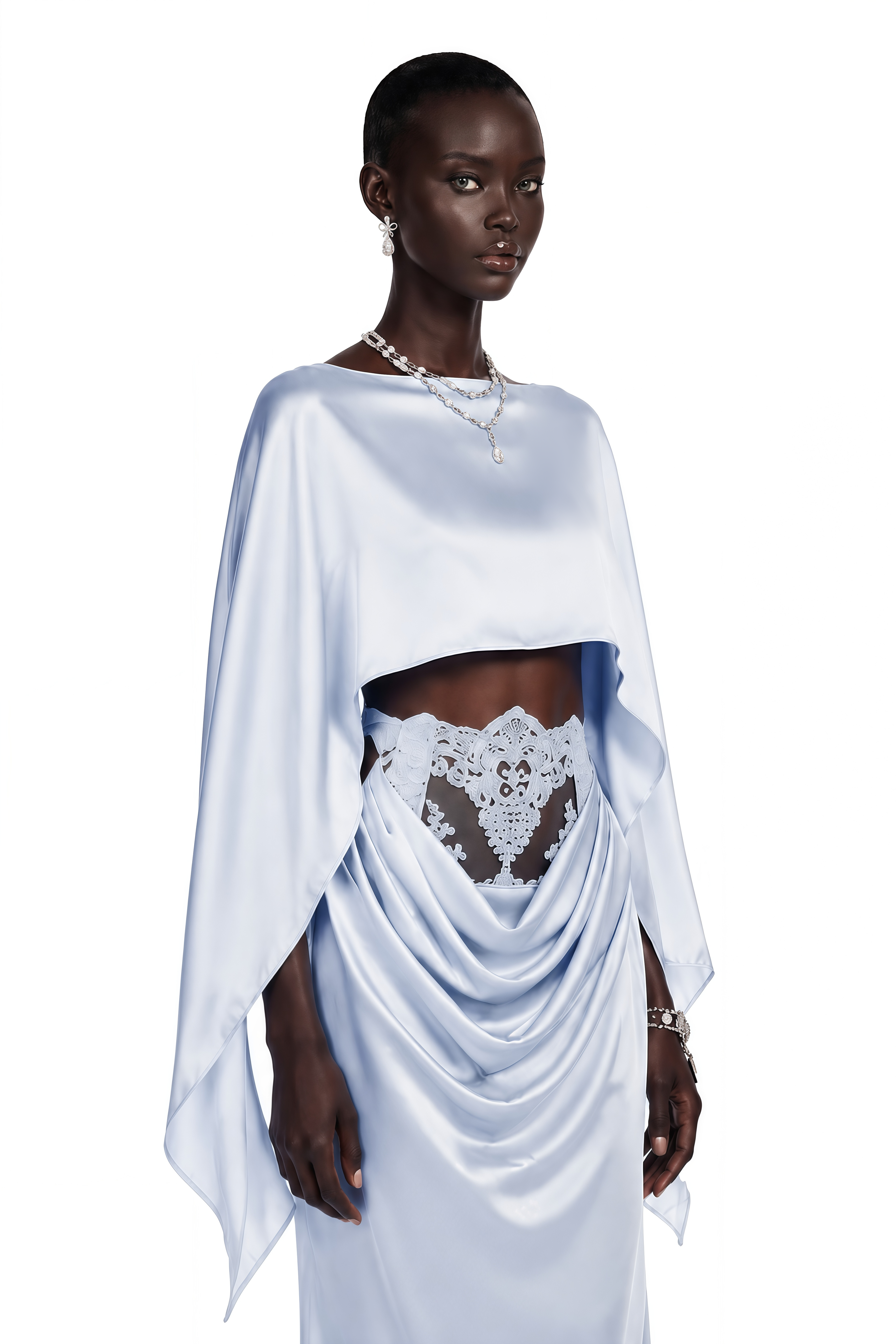 Light blue satin gown with a matching capelet and a lace cutout waist