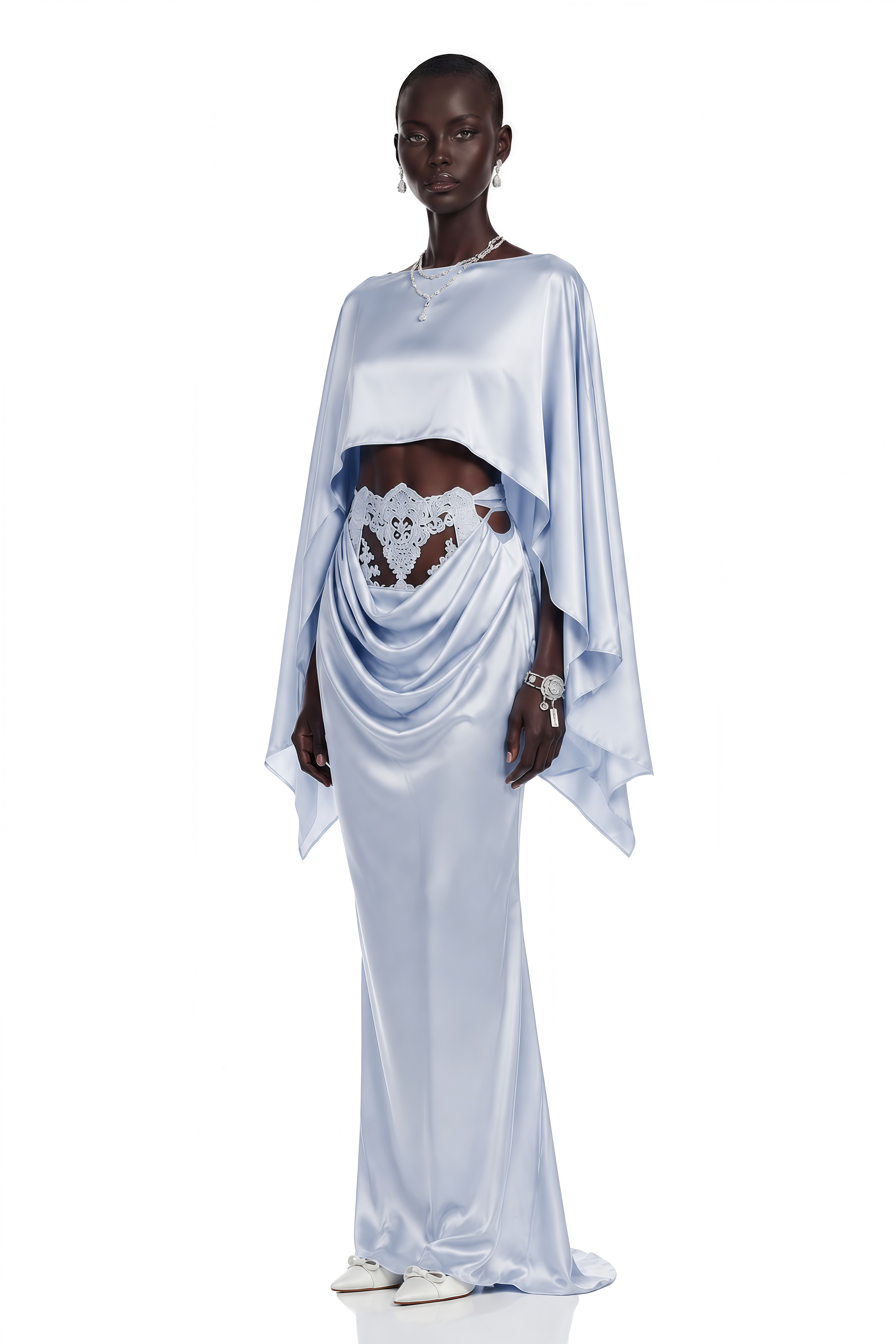 Light blue satin gown with a matching capelet and a lace cutout waist