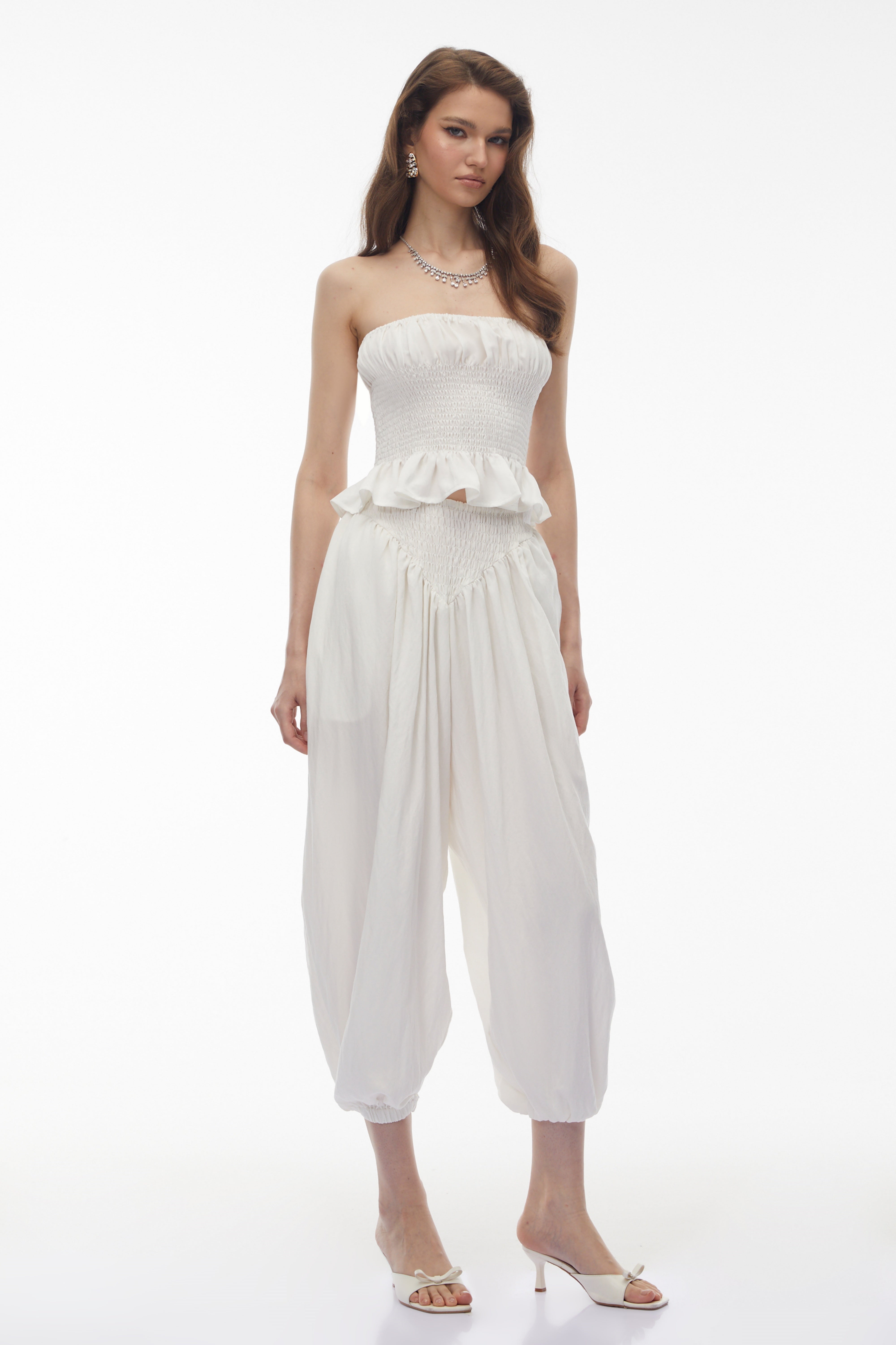 Amelia White Off Shoulder Blouse & Trouser Set (Final Sale)