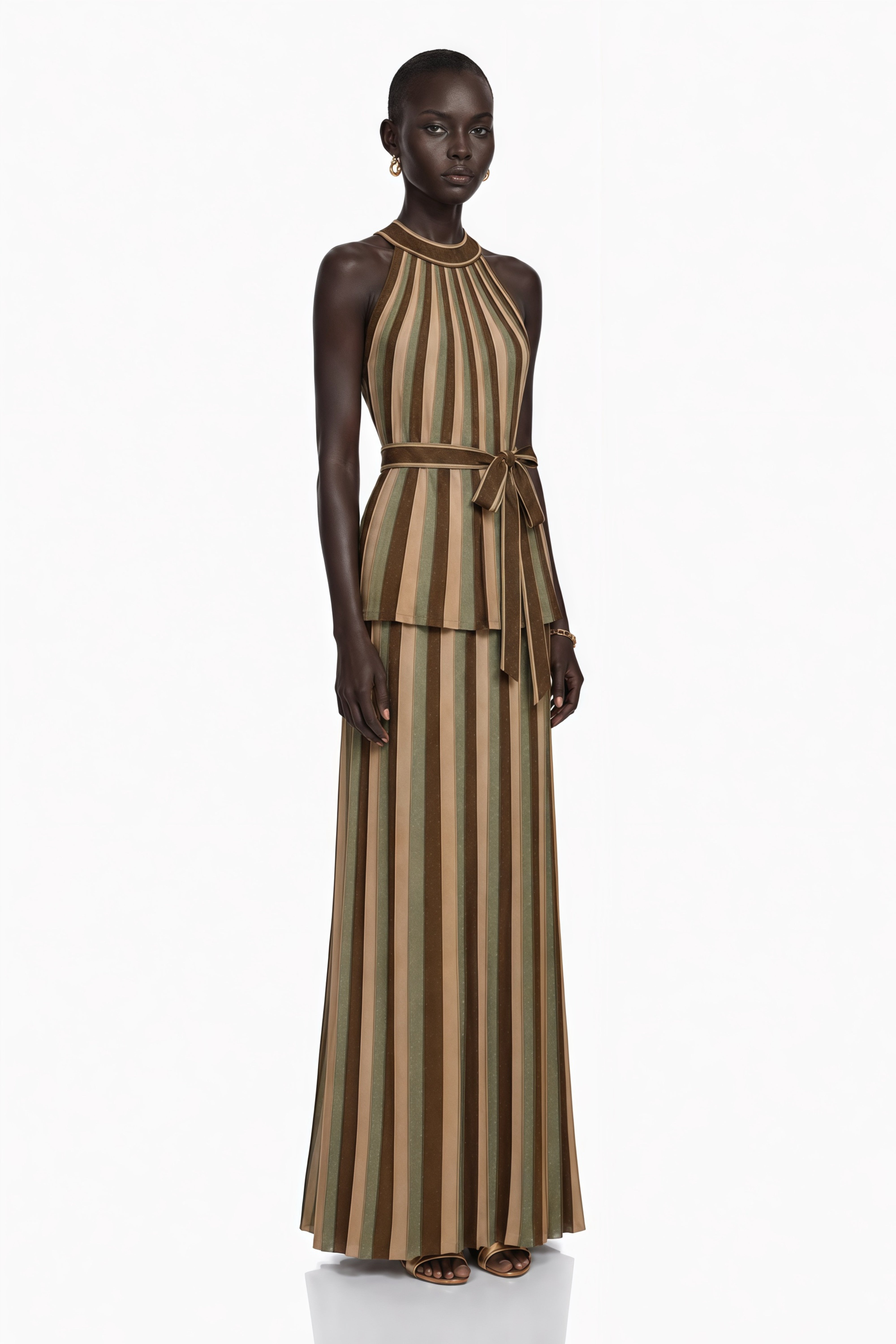 Striped halter maxi dress with a belted peplum waist