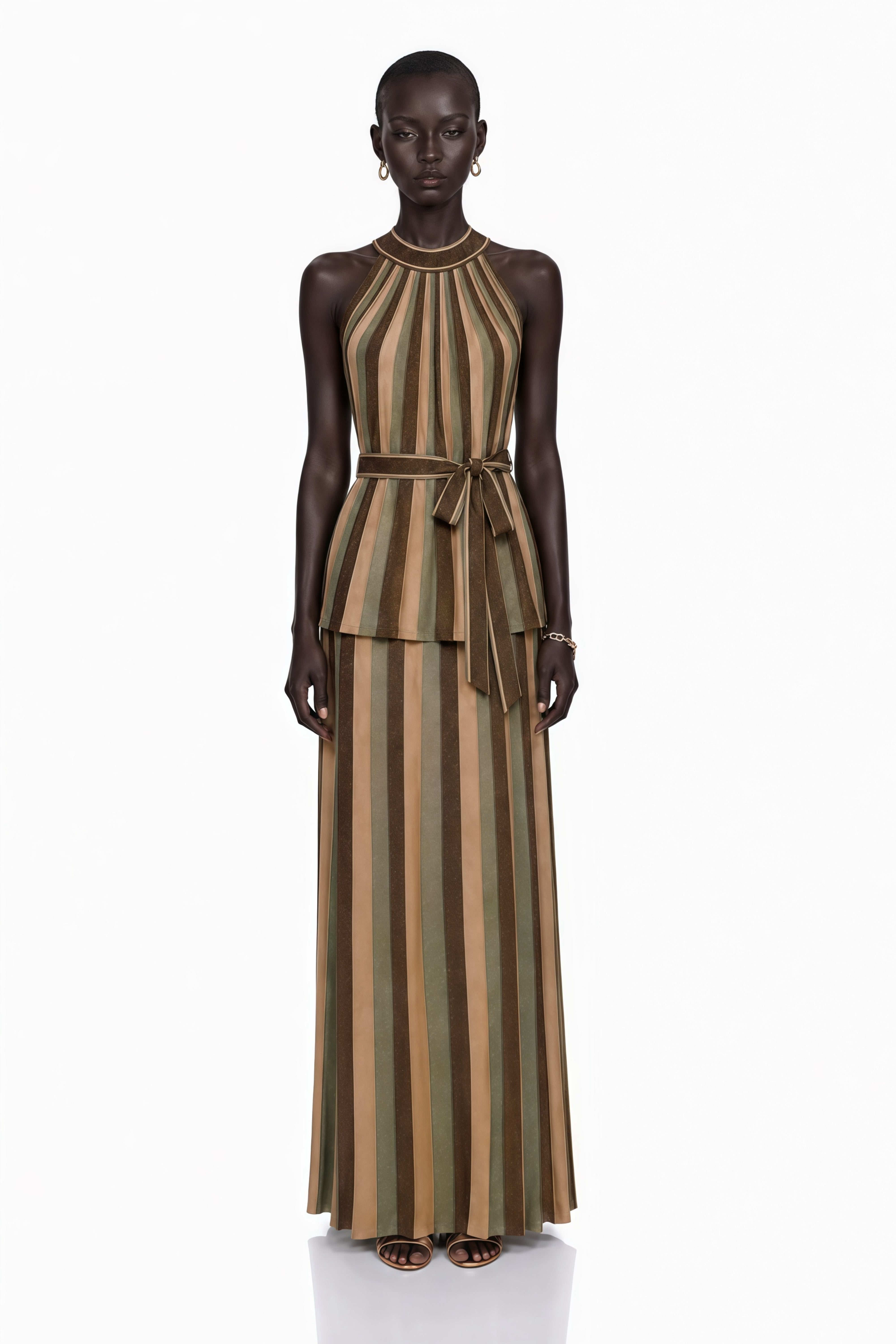 Striped halter maxi dress with a belted peplum waist