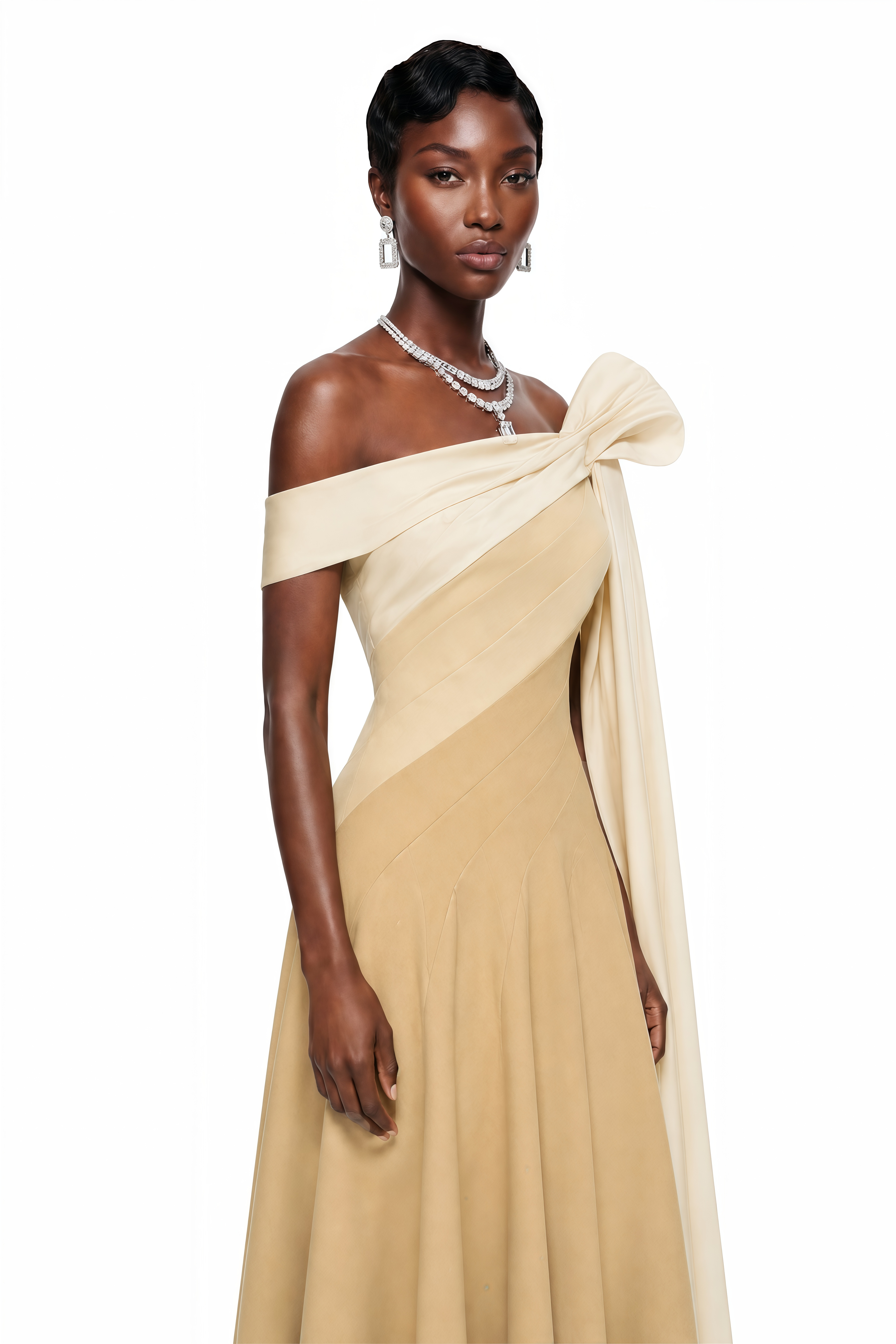Beige maxi dress with a cream off-the-shoulder neckline, long trailing sash, and A-line skirt