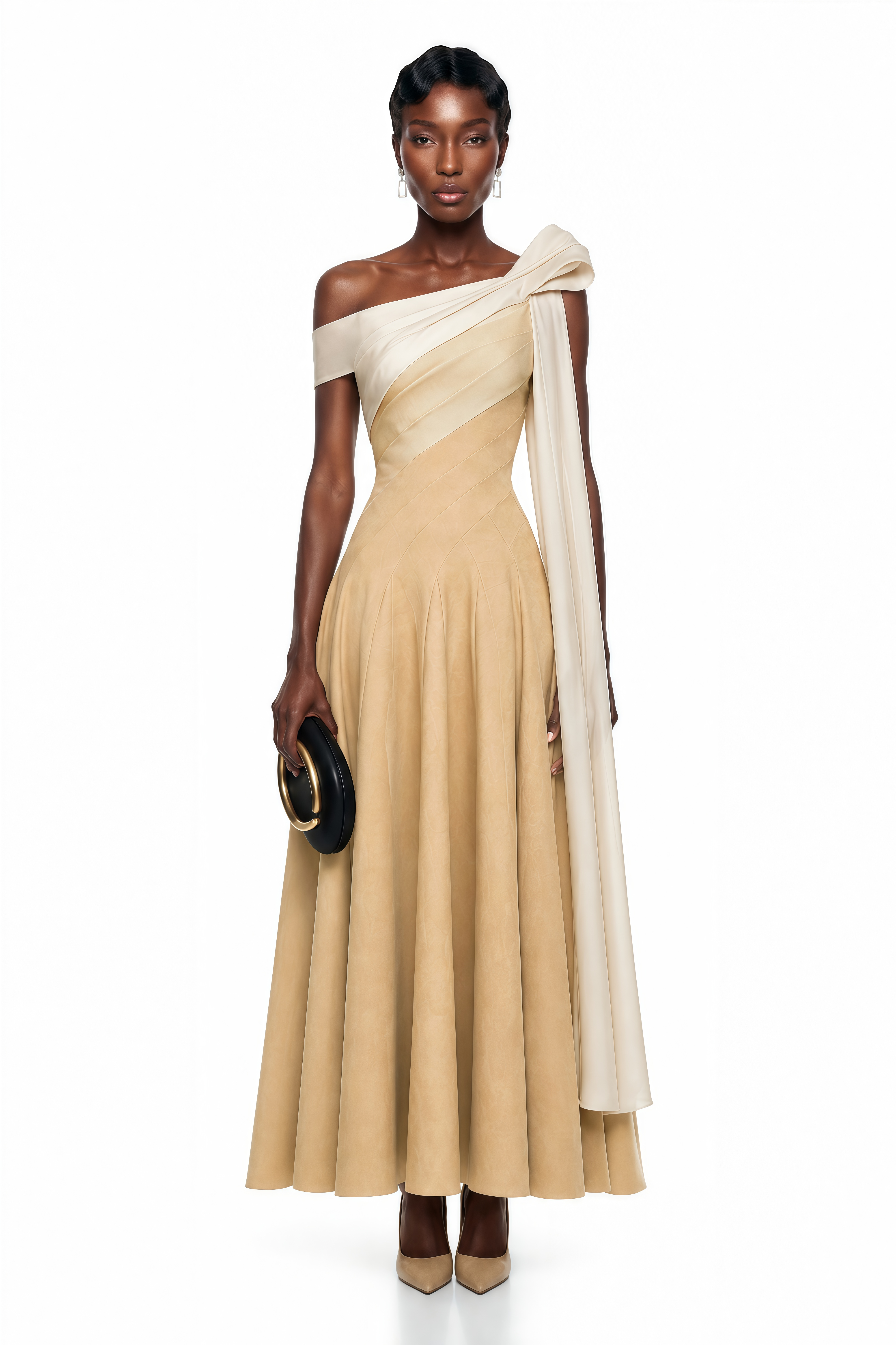 Beige maxi dress with a cream off-the-shoulder neckline, long trailing sash, and A-line skirt