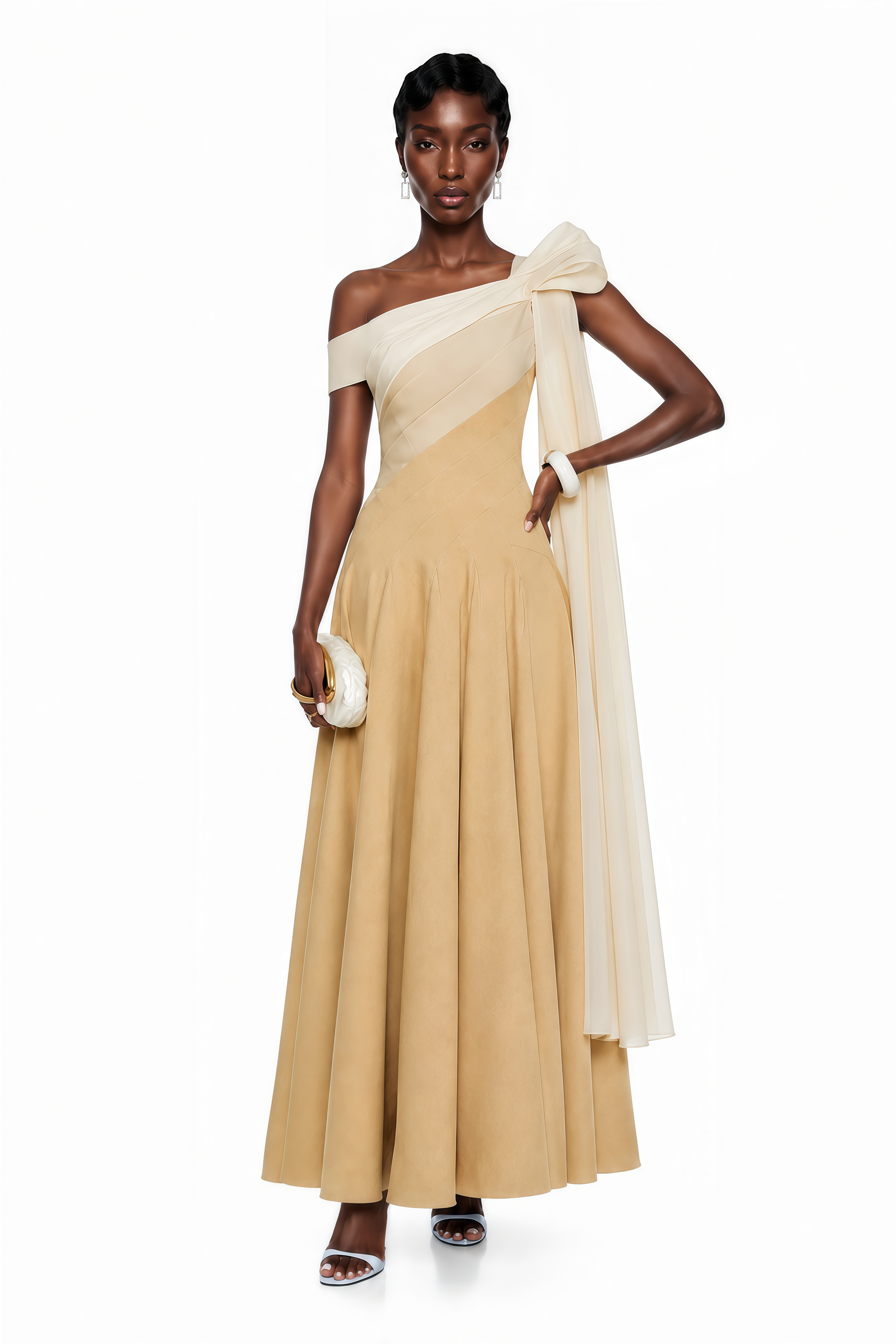 Beige maxi dress with a cream off-the-shoulder neckline, long trailing sash, and A-line skirt