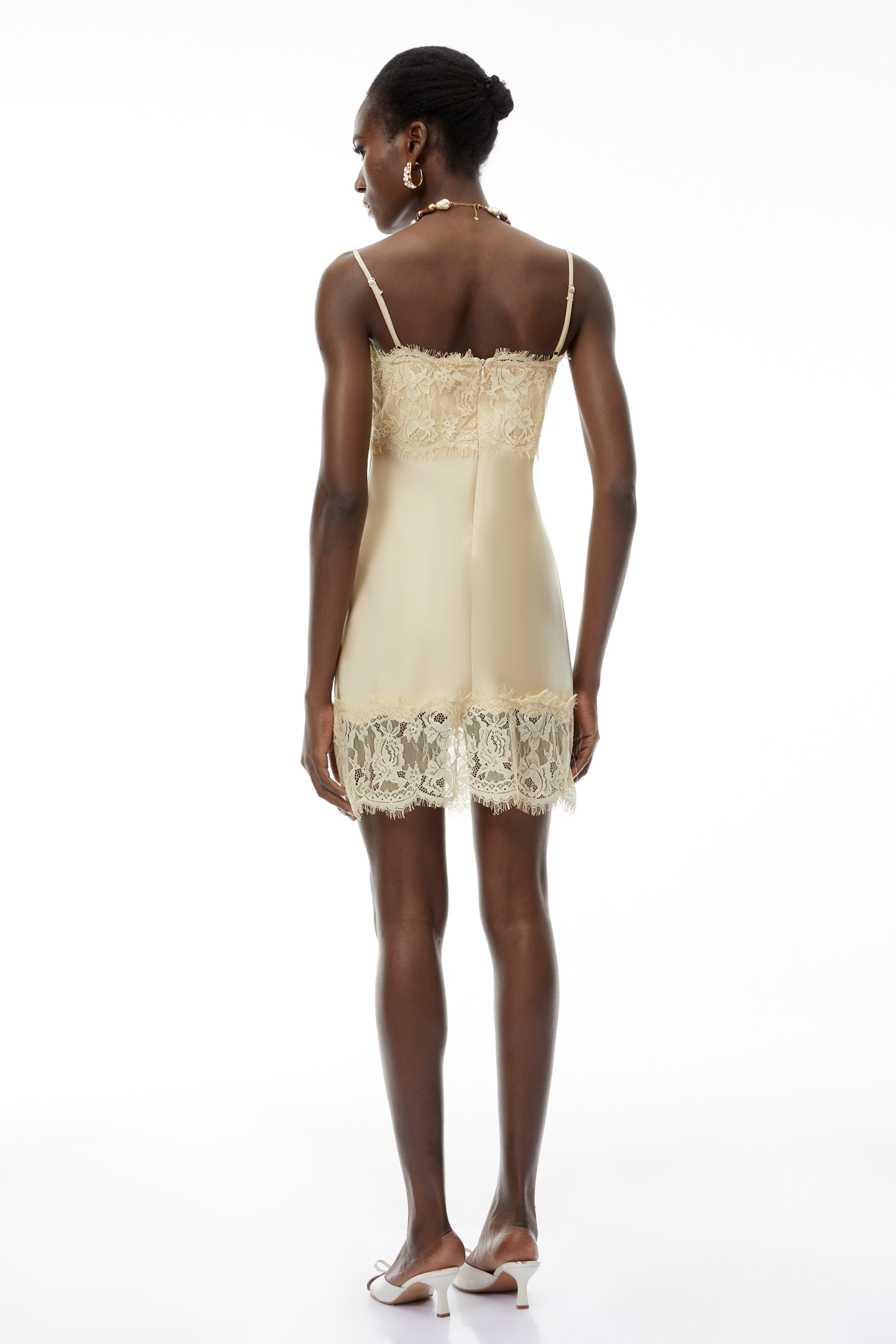Anjelica Champagne Satin Mini Dress with Lace Panels