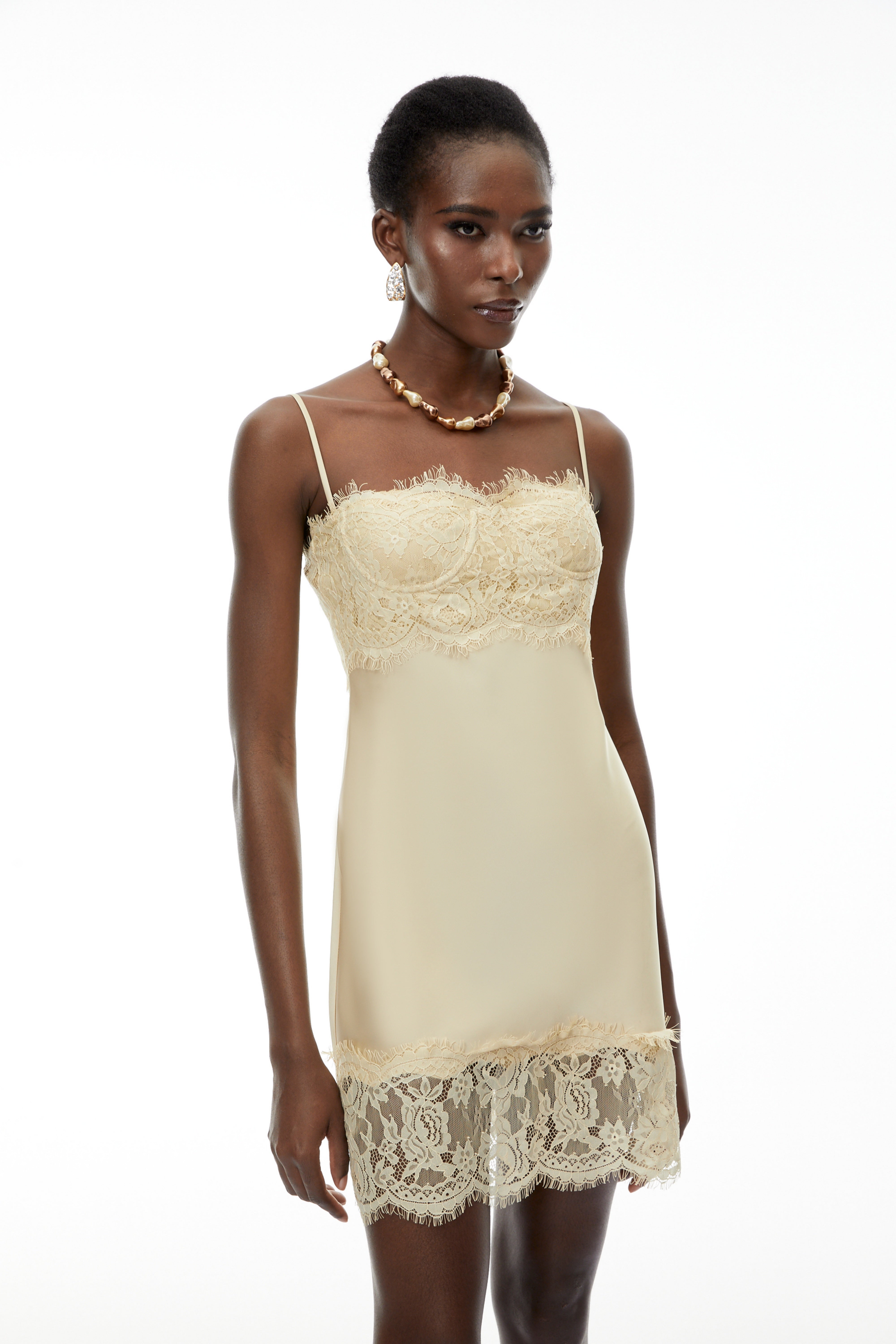 Anjelica Champagne Satin Mini Dress with Lace Panels