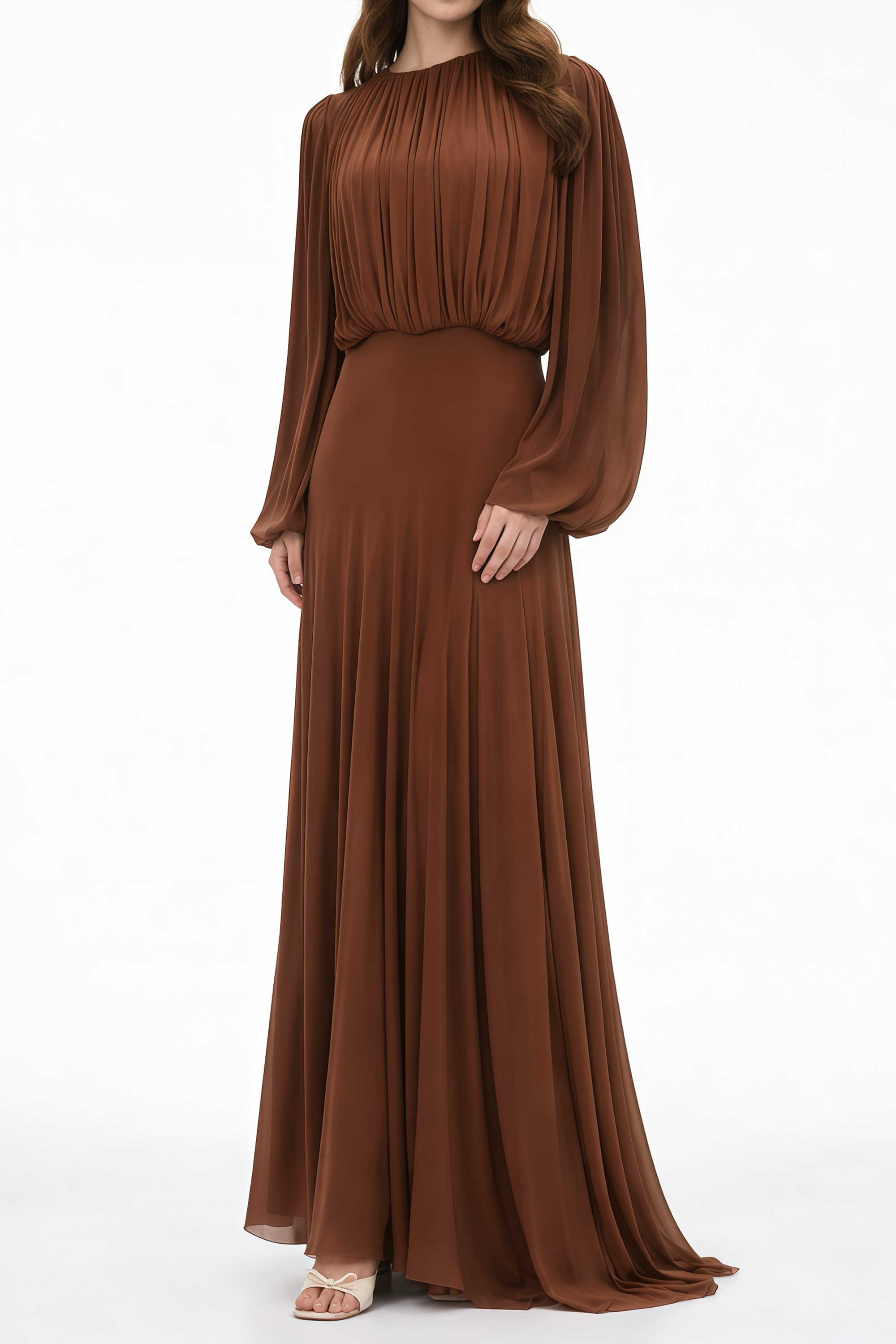 Brown Pleated Maxi Dress with Long Lantern Sleeves