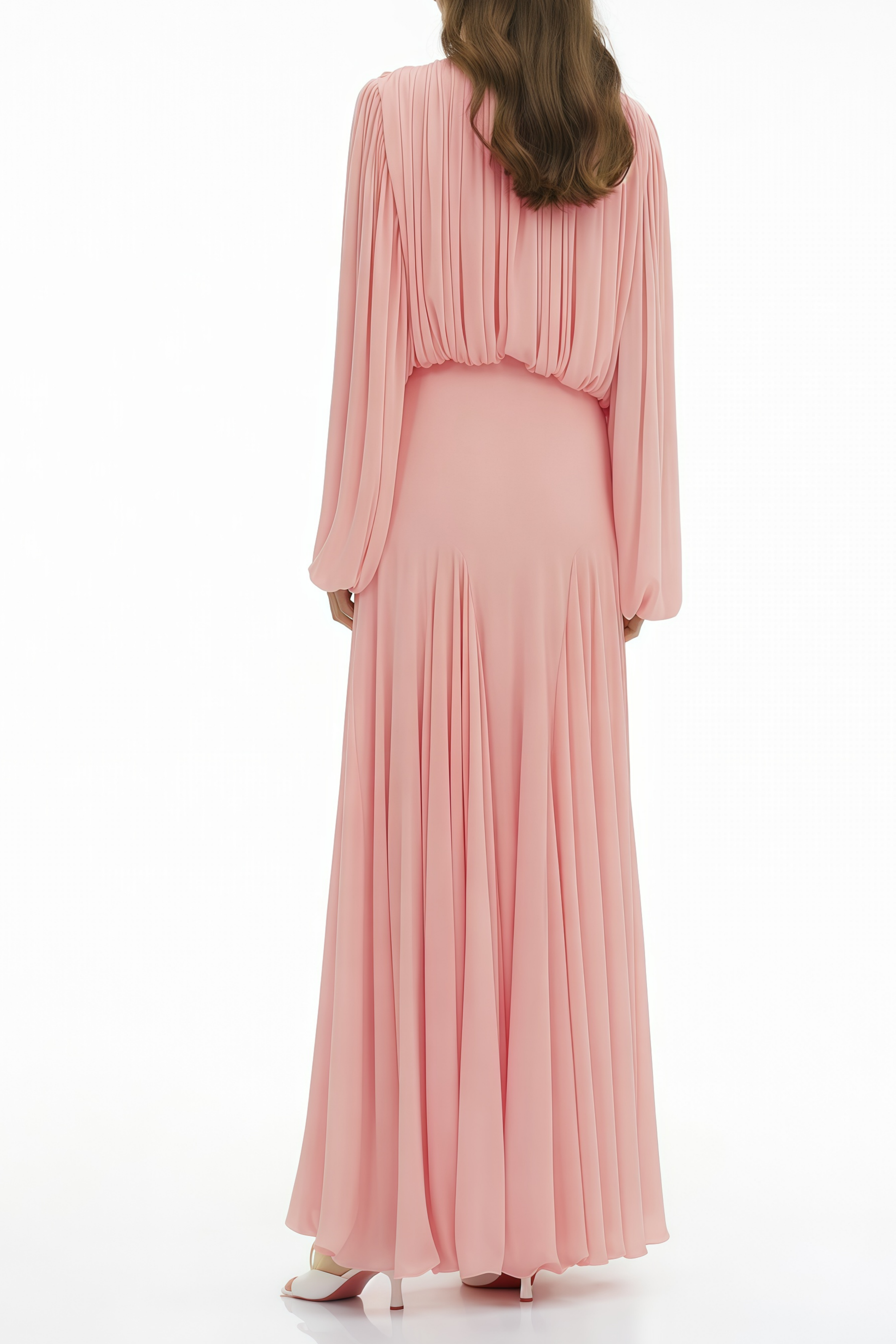 Pink pleated lantern-sleeve maxi dress