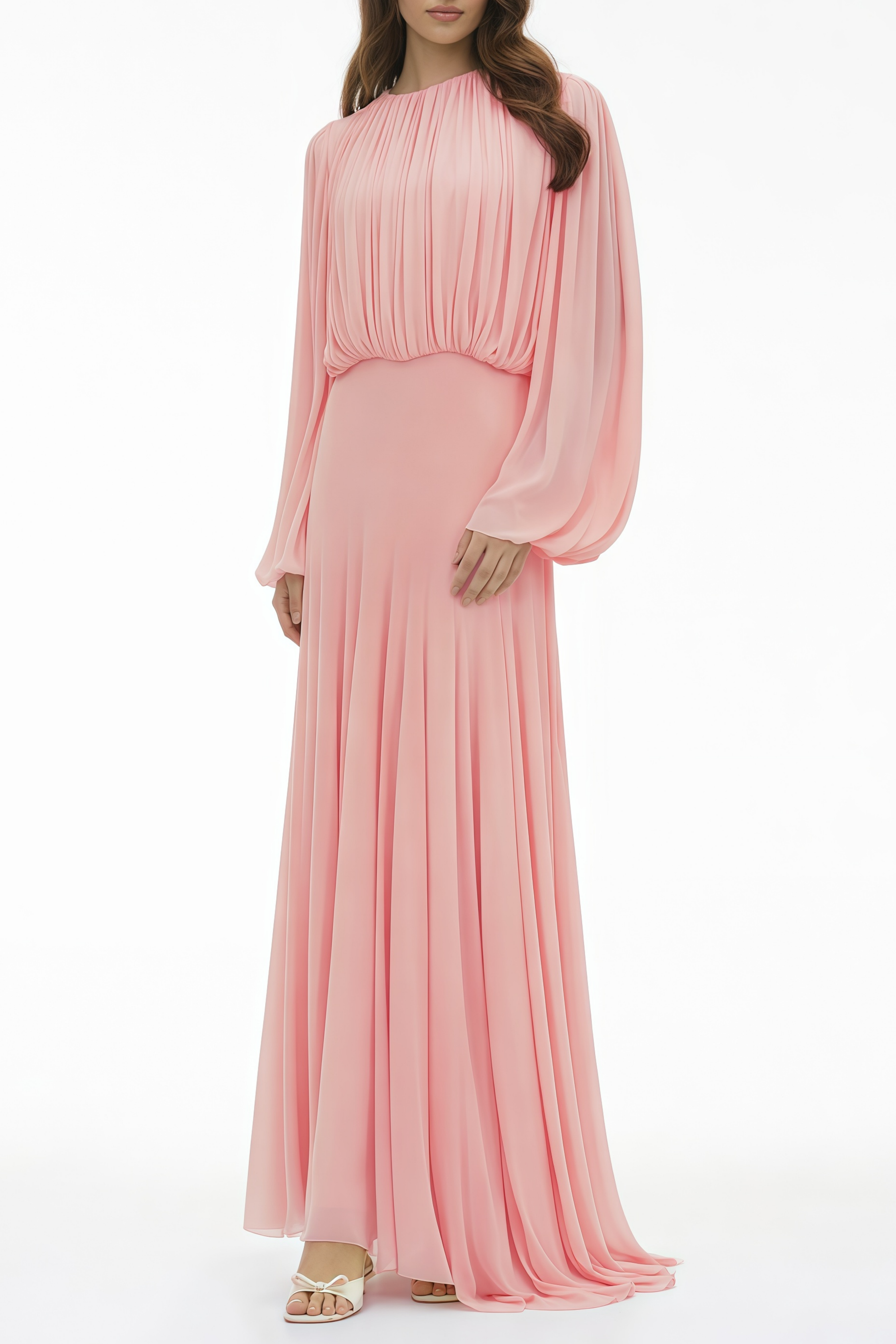 Pink pleated lantern-sleeve maxi dress