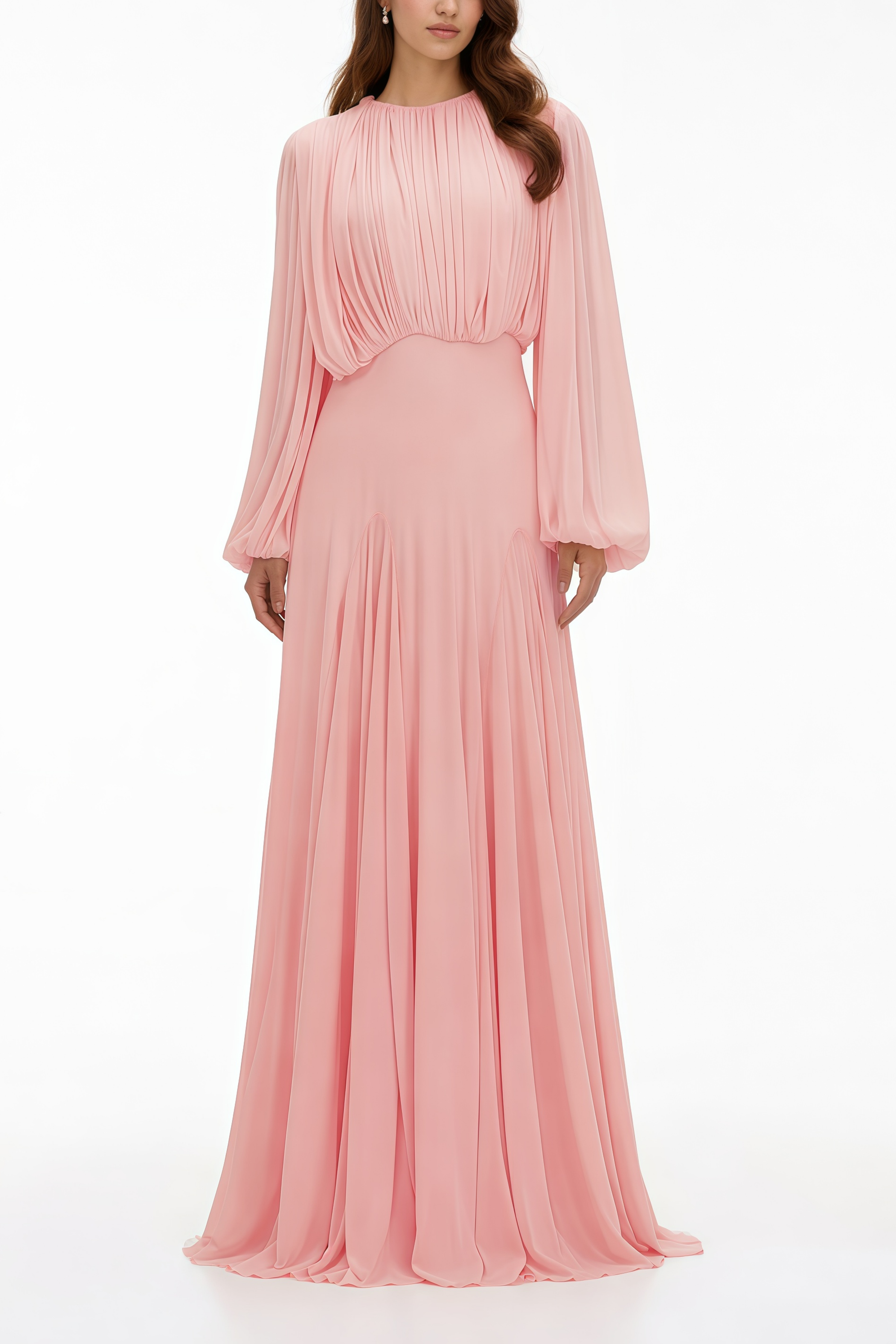 Pink pleated lantern-sleeve maxi dress