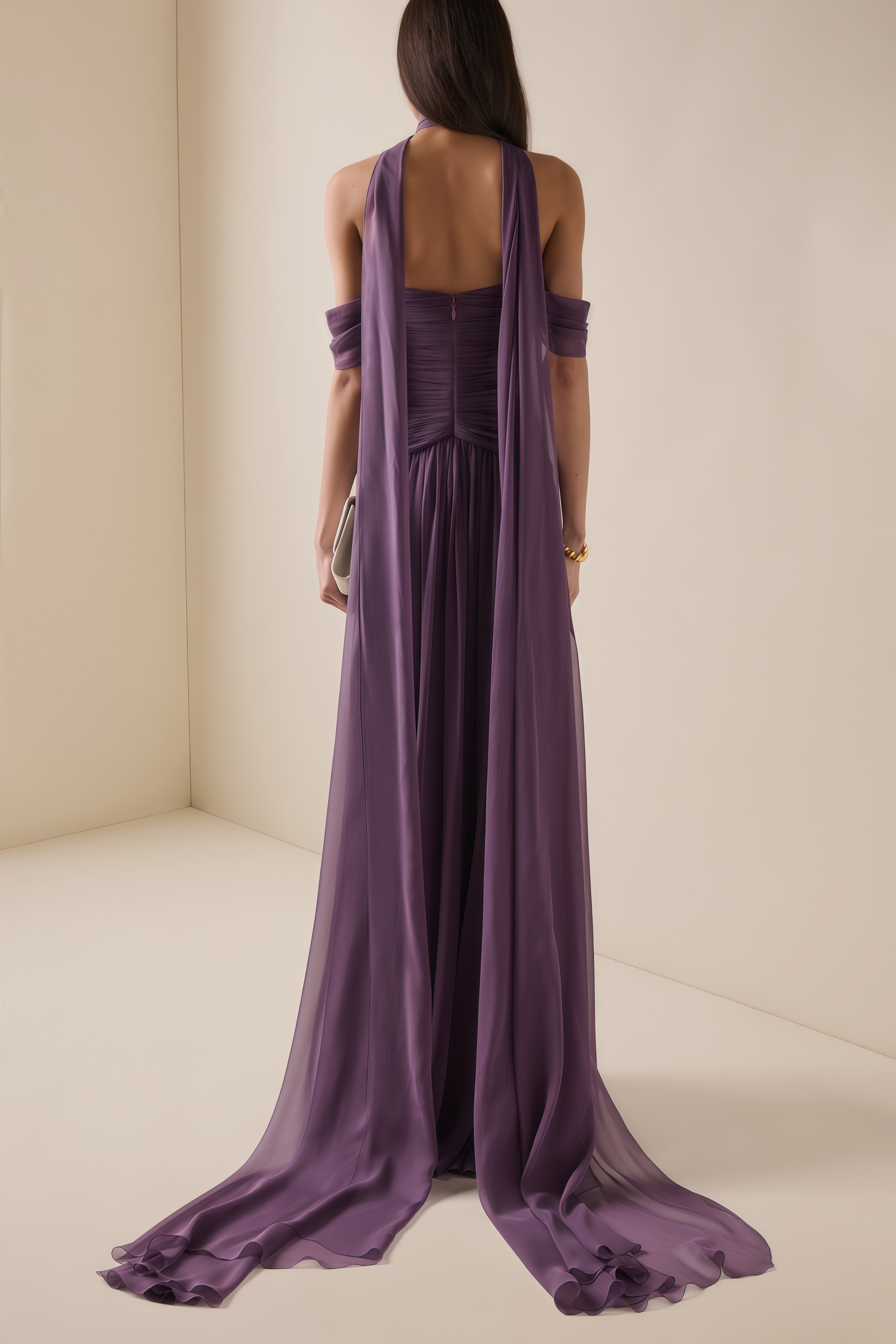 Purple Chiffon Pleated Maxi Dress with Choker Neck and Off-the-Shoulder Sleeves
