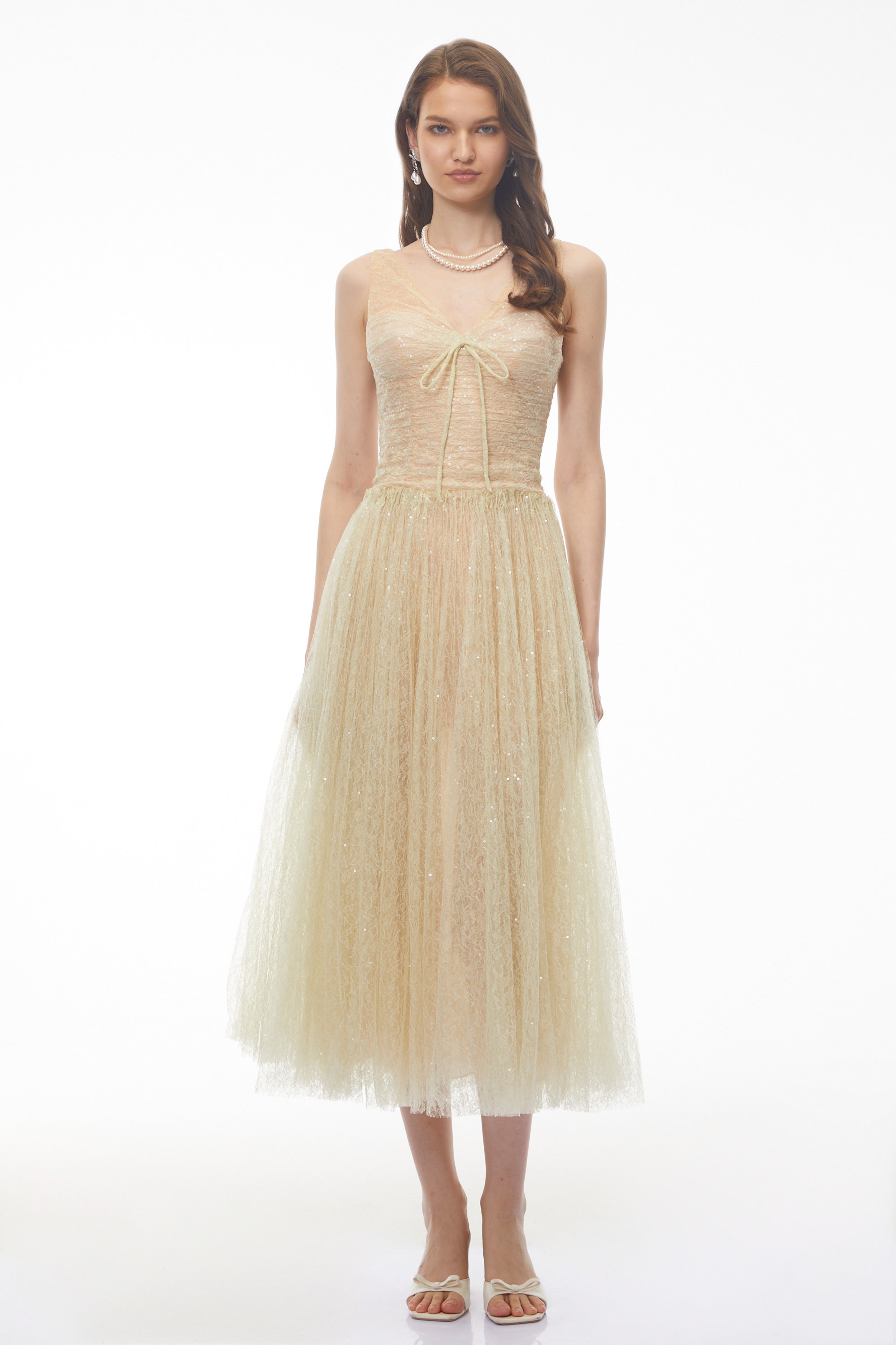 Annika Green Sequin Tulle Maxi Dress with Lace Panels (Final Sale)