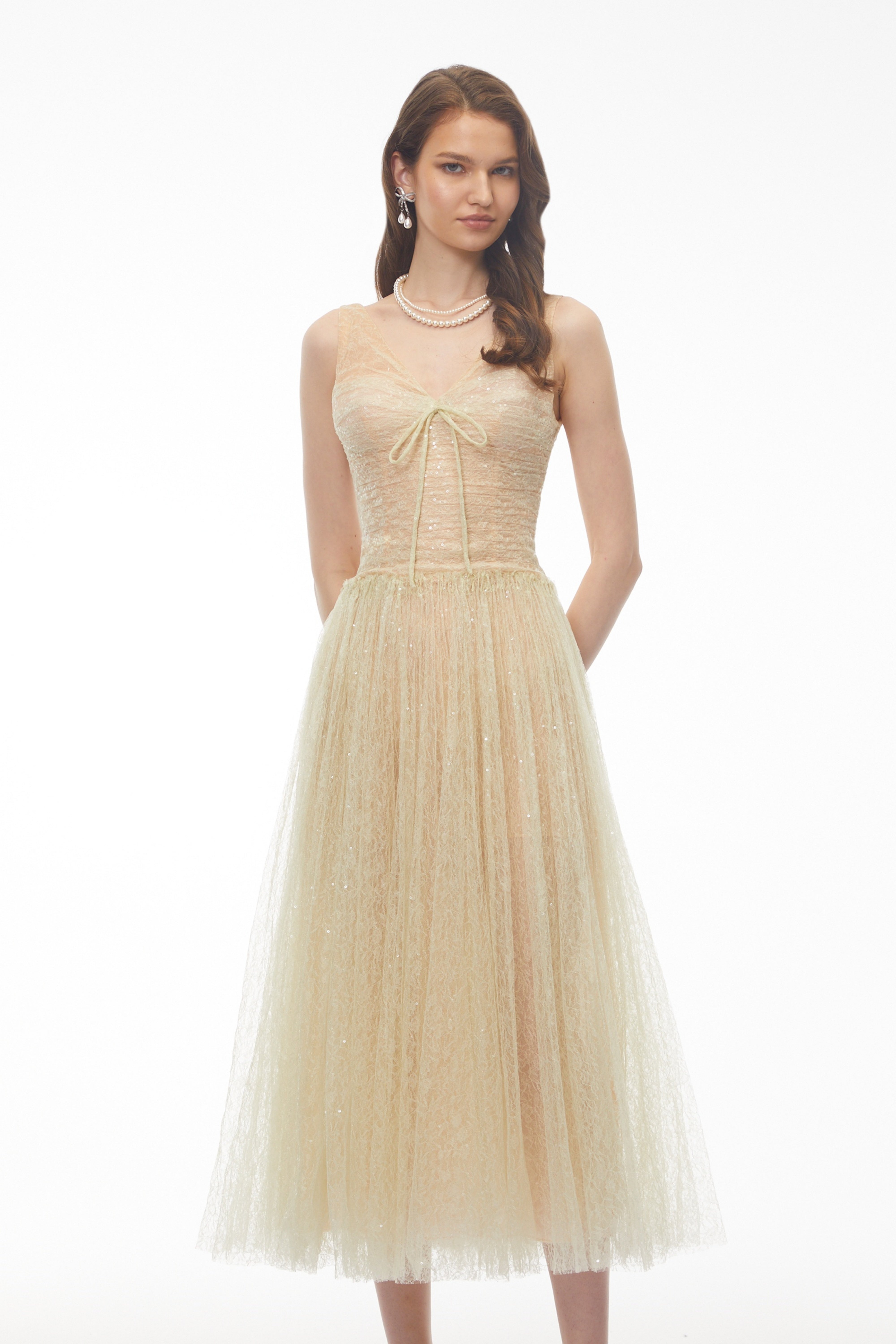 Annika Green Sequin Tulle Maxi Dress with Lace Panels (Final Sale)