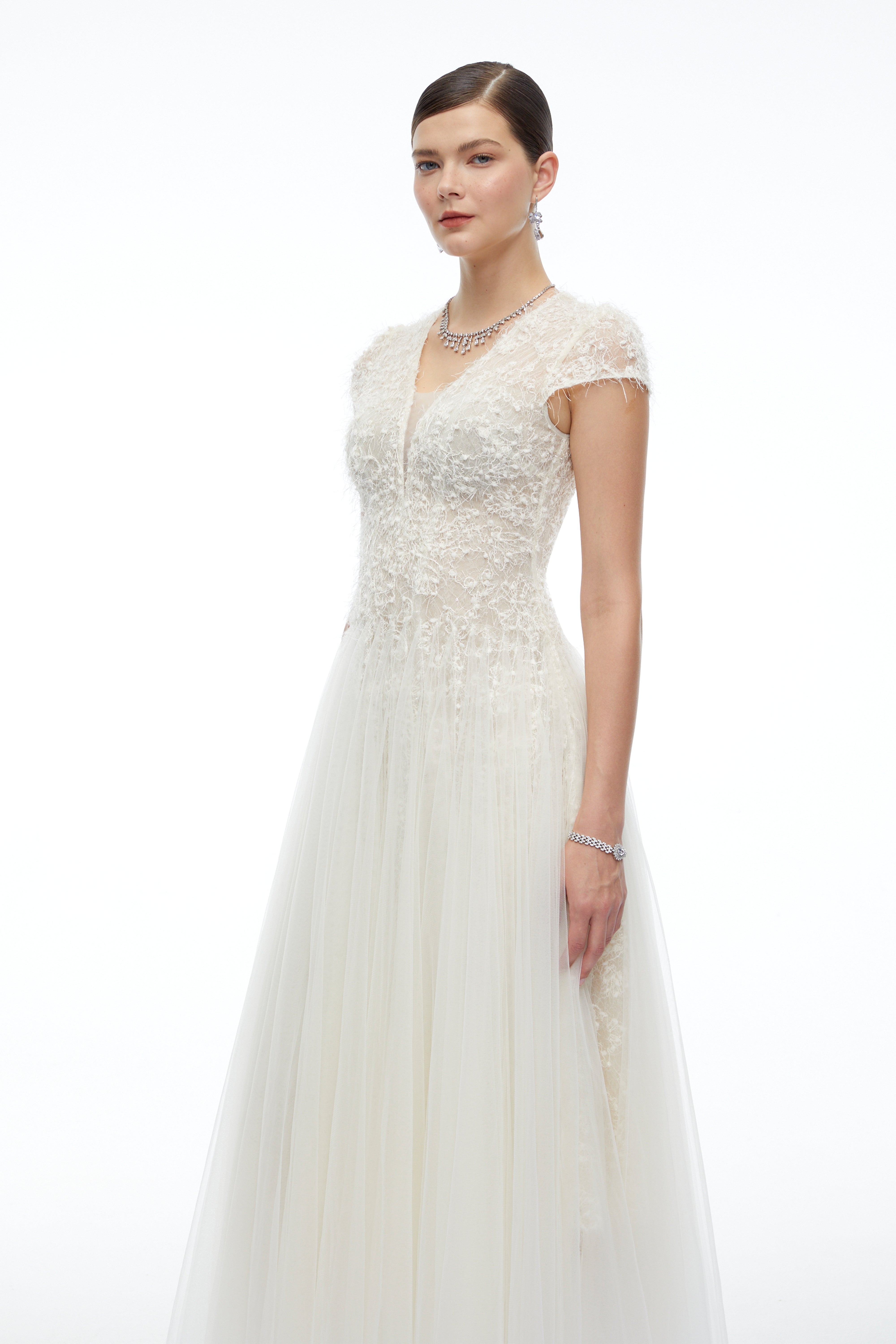 Antonia White Plunge Neck Midi Dress with Cap Sleeves