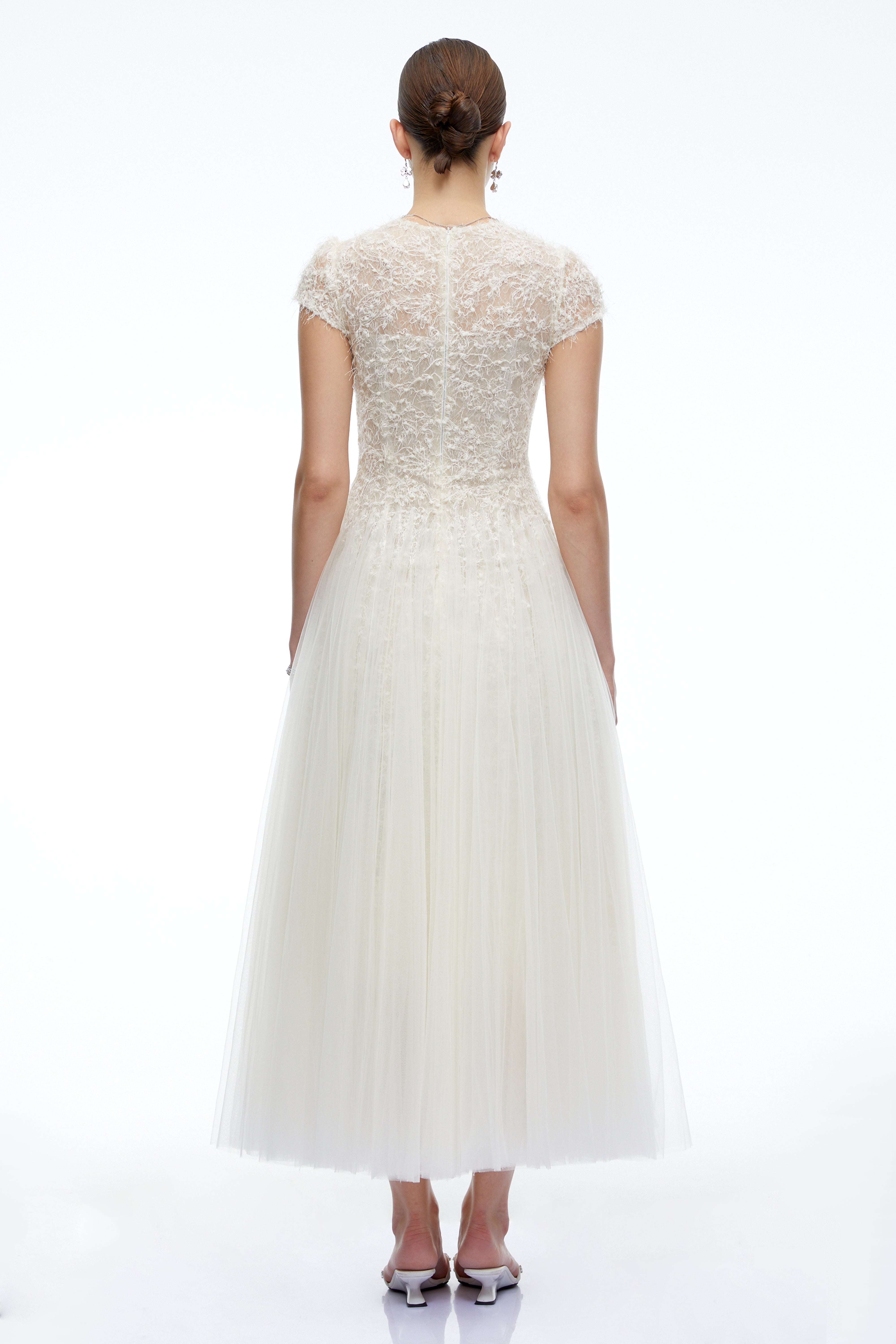 Antonia White Plunge Neck Midi Dress with Cap Sleeves