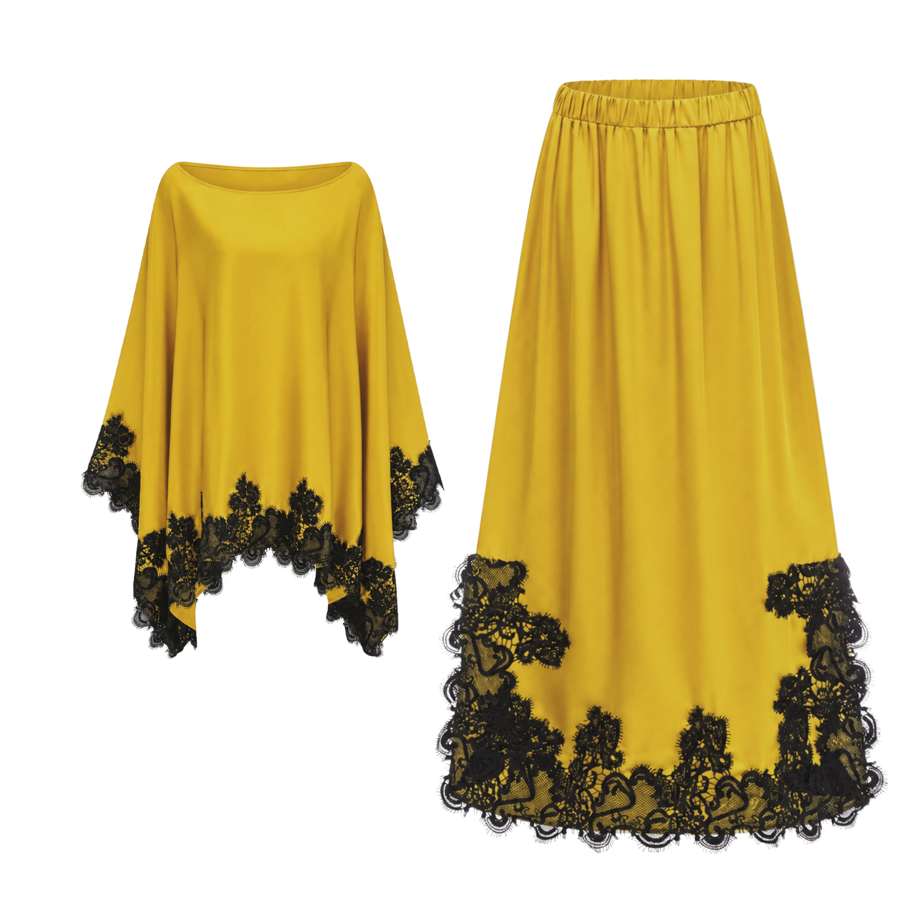 Aoraki Yellow One Shoulder Top & Skirt Set with Lace Trim