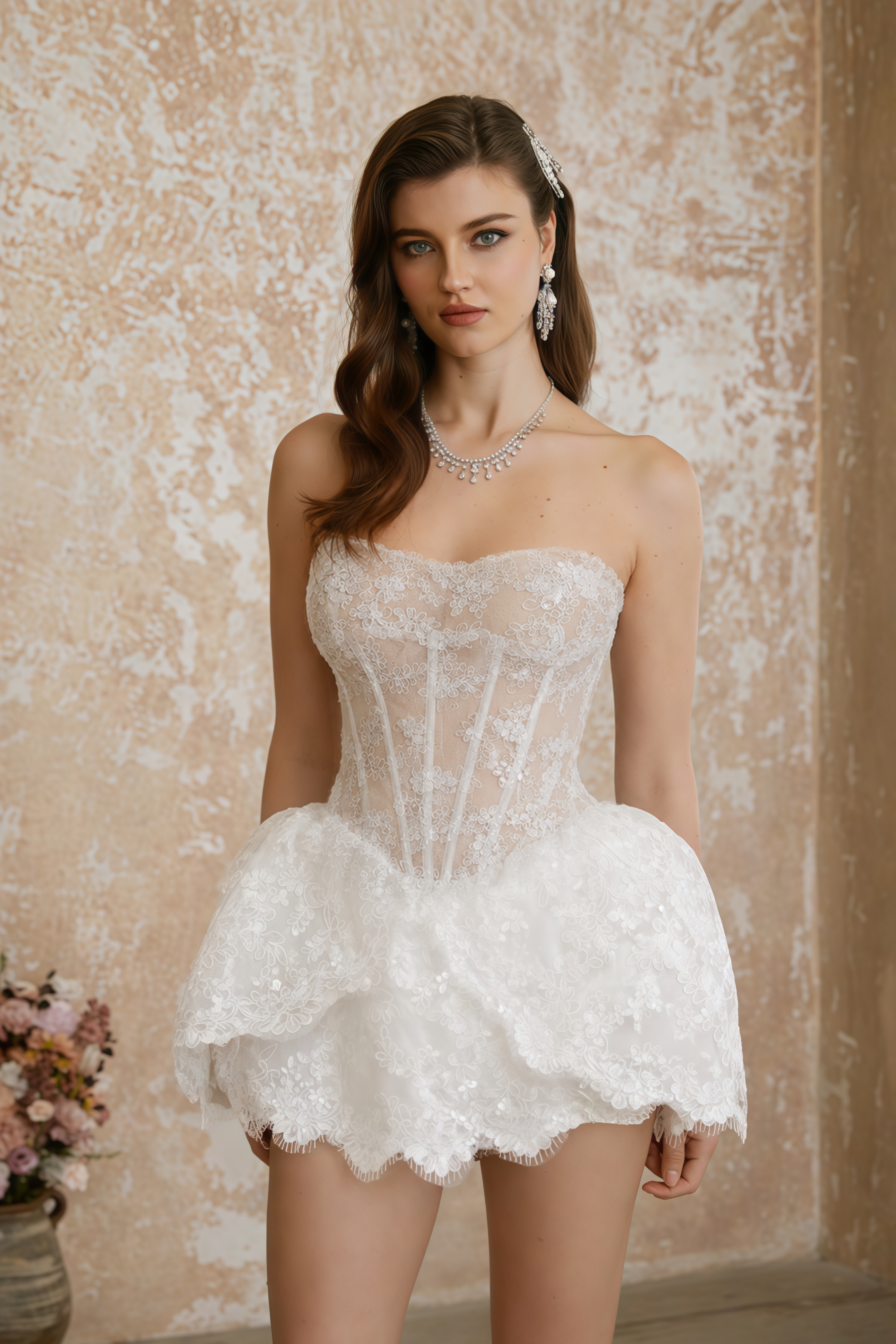 White lace strapless mini dress featuring a sheer corset bodice with exposed boning and a voluminous tiered bubble skirt
