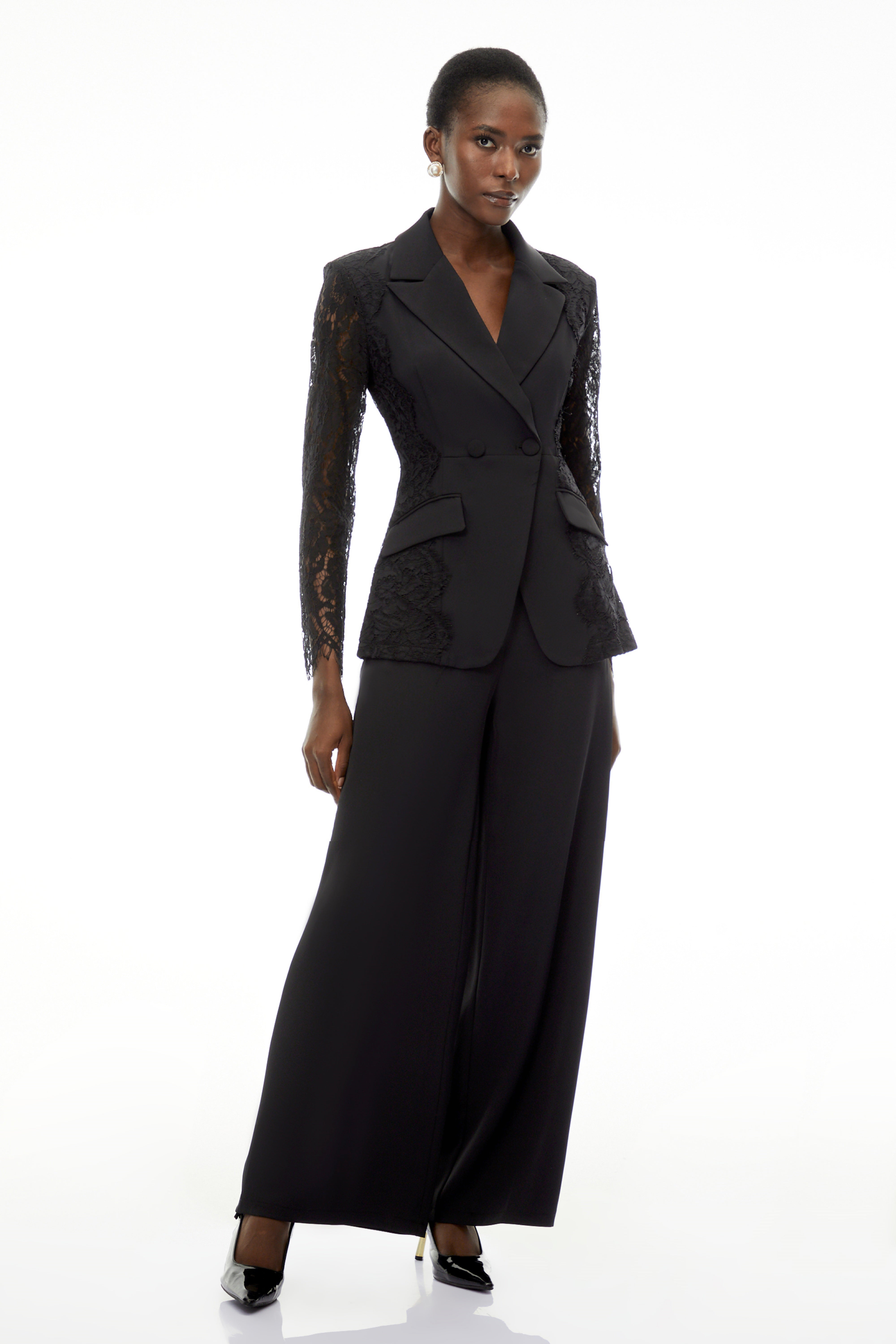 Arabella Black Long Sleeve Lace Blazer & Trouser Set