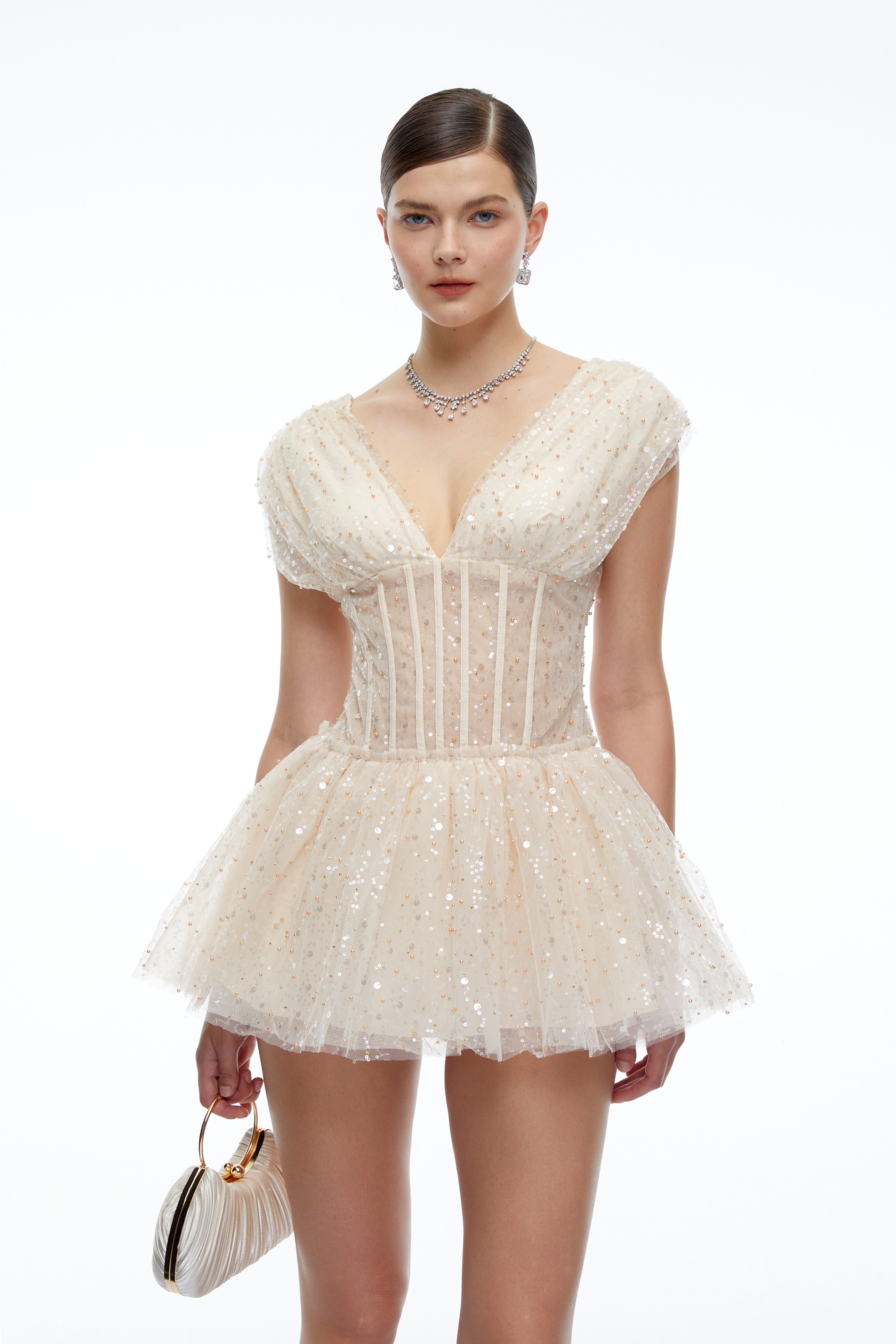 Arabella Neutral Sequin Mini Dress with Flutter Sleeves