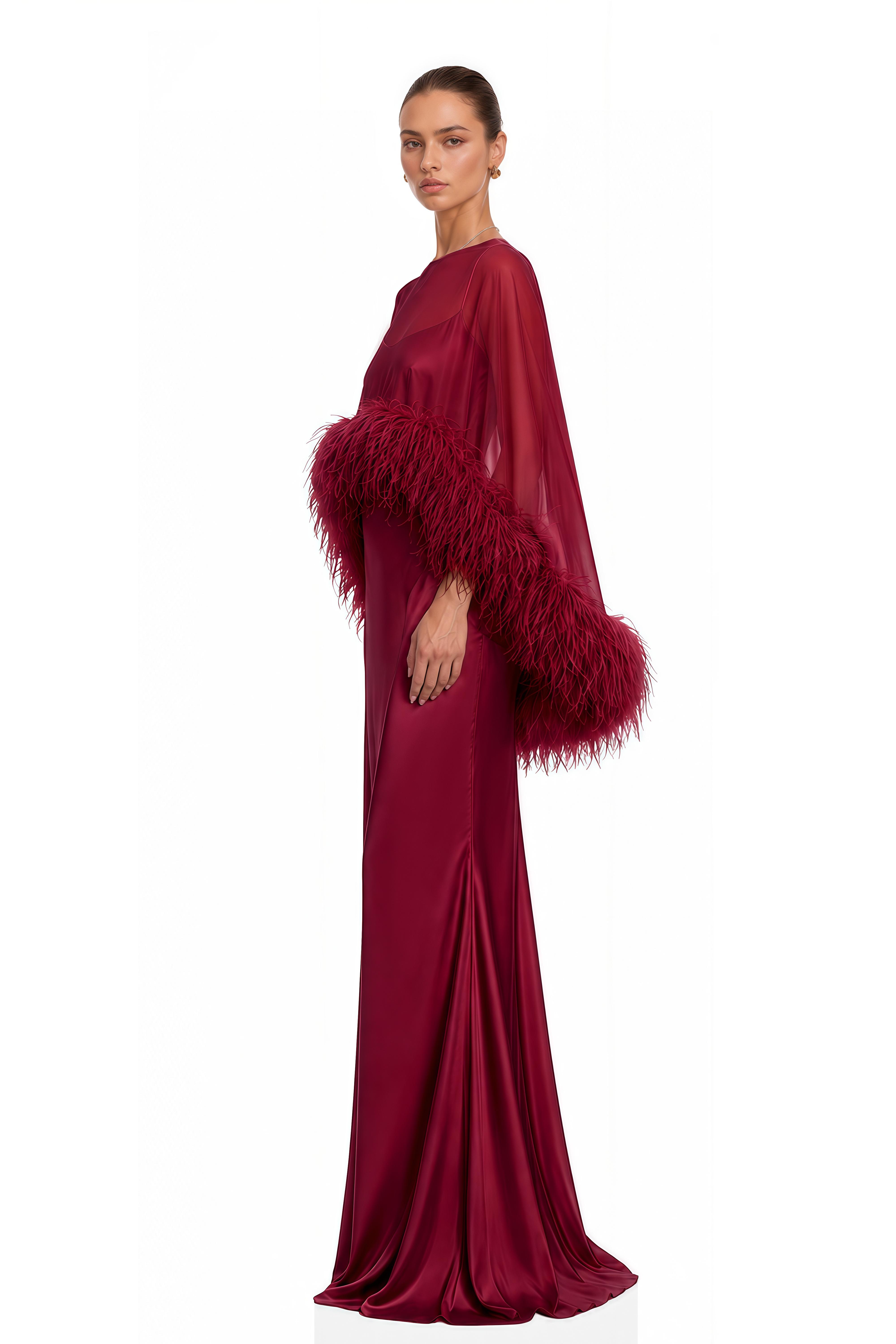 Araminta Burgundy Maxi Dress & Shawl Set with Feather Trim