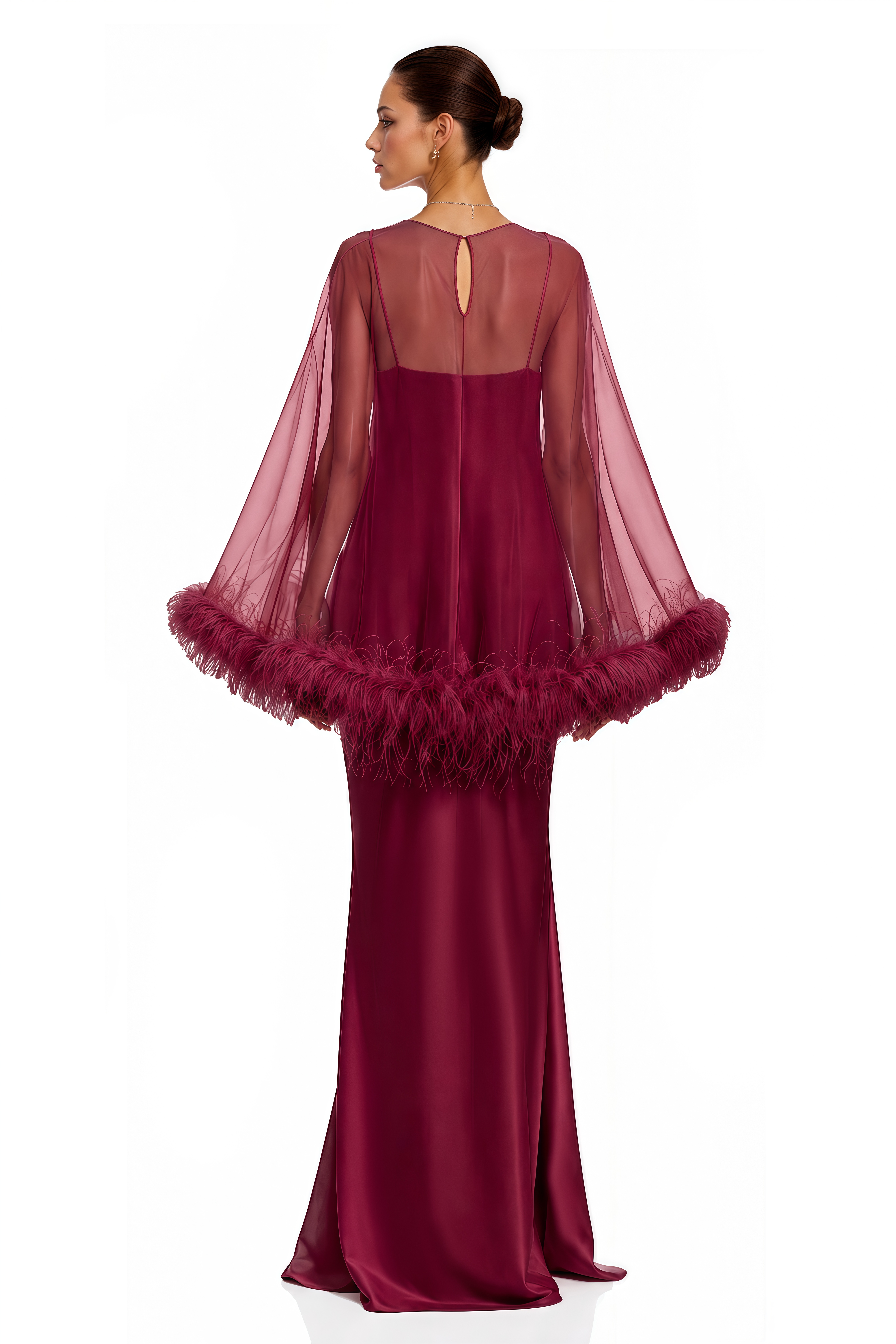 Araminta Burgundy Maxi Dress & Shawl Set with Feather Trim