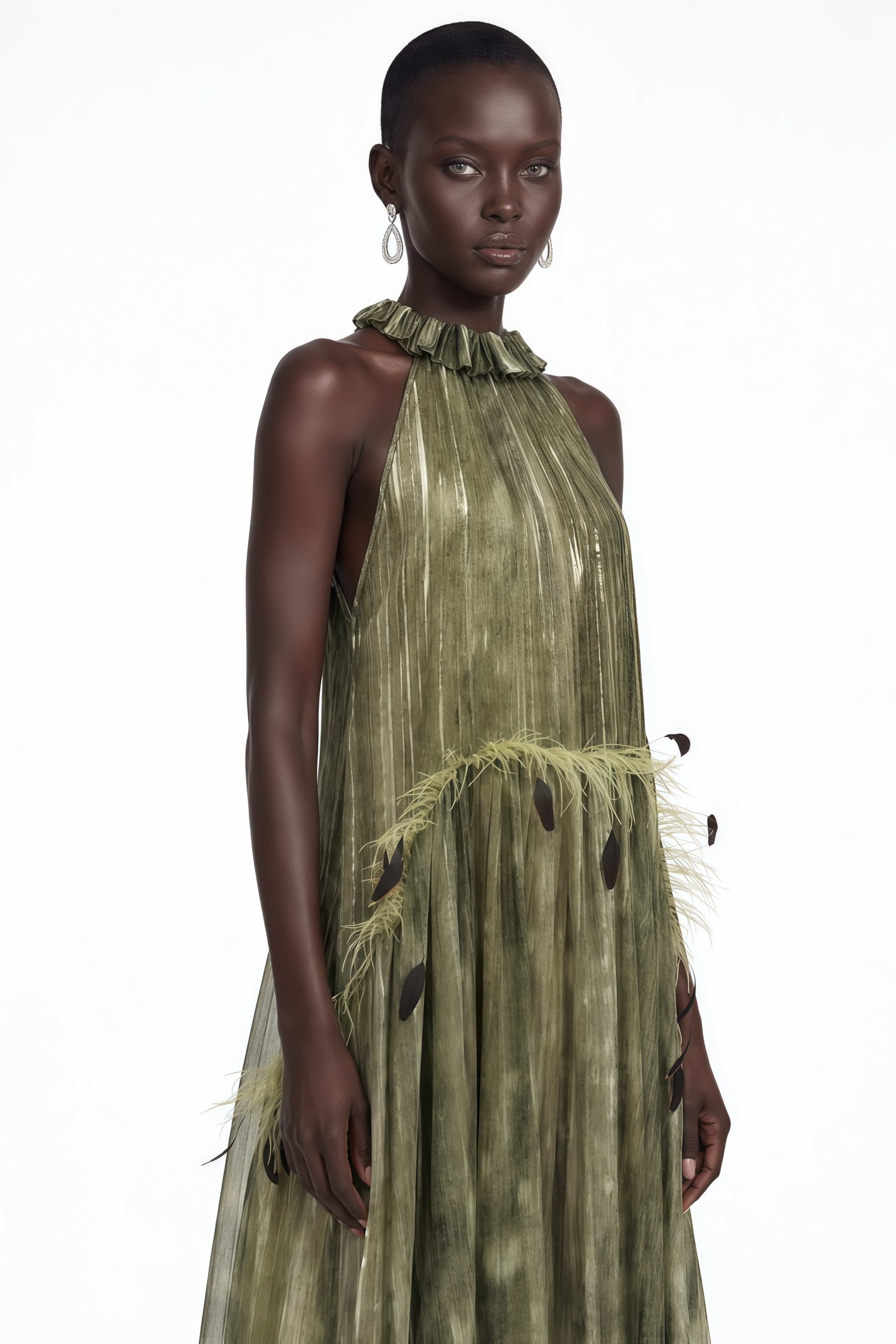 Olive green halter maxi dress with a ruffled neckline and feather trim