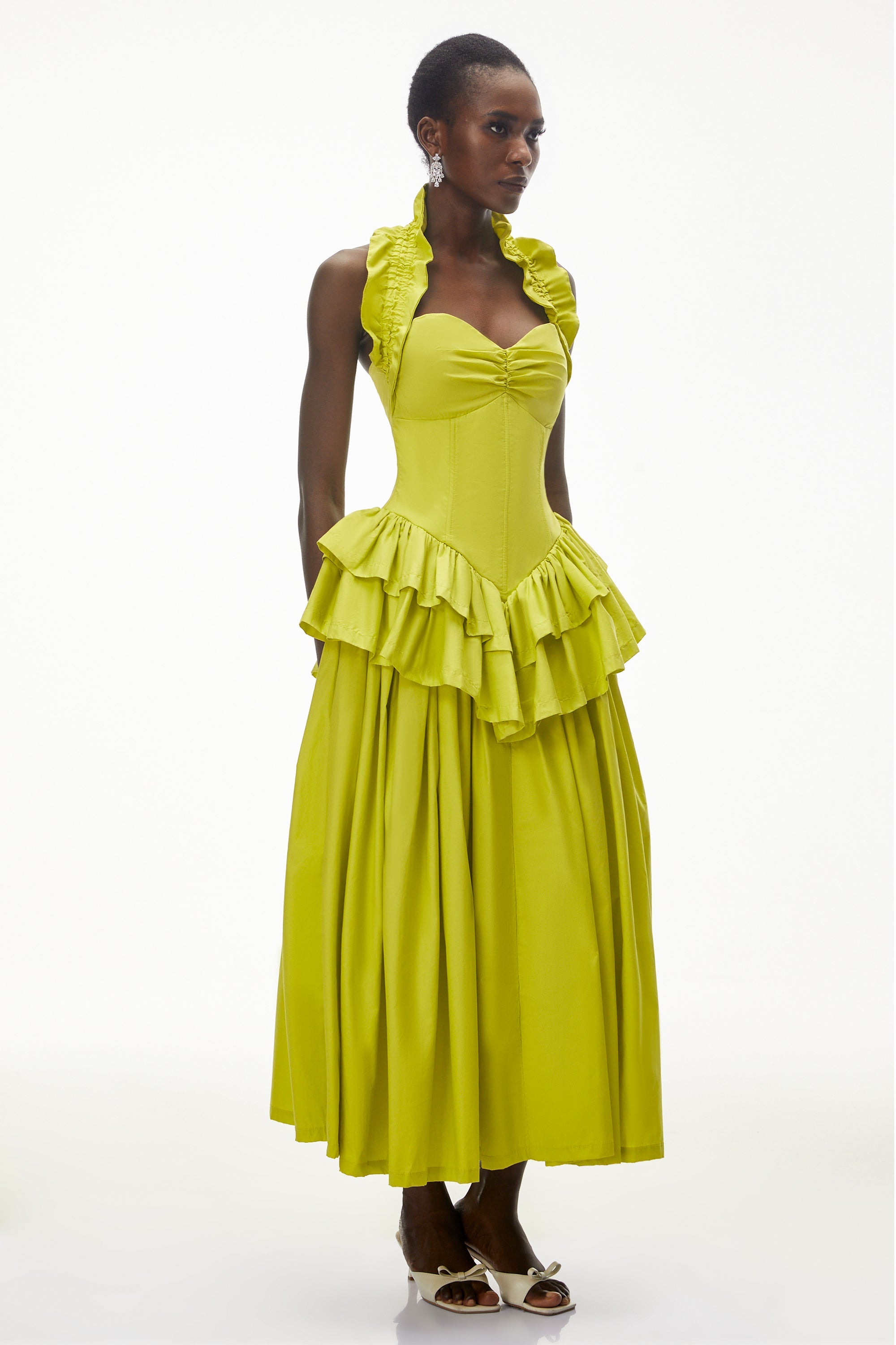 Arezoo Green Mock Neck Ruffled Midi Dress (Final Sale-US Only)