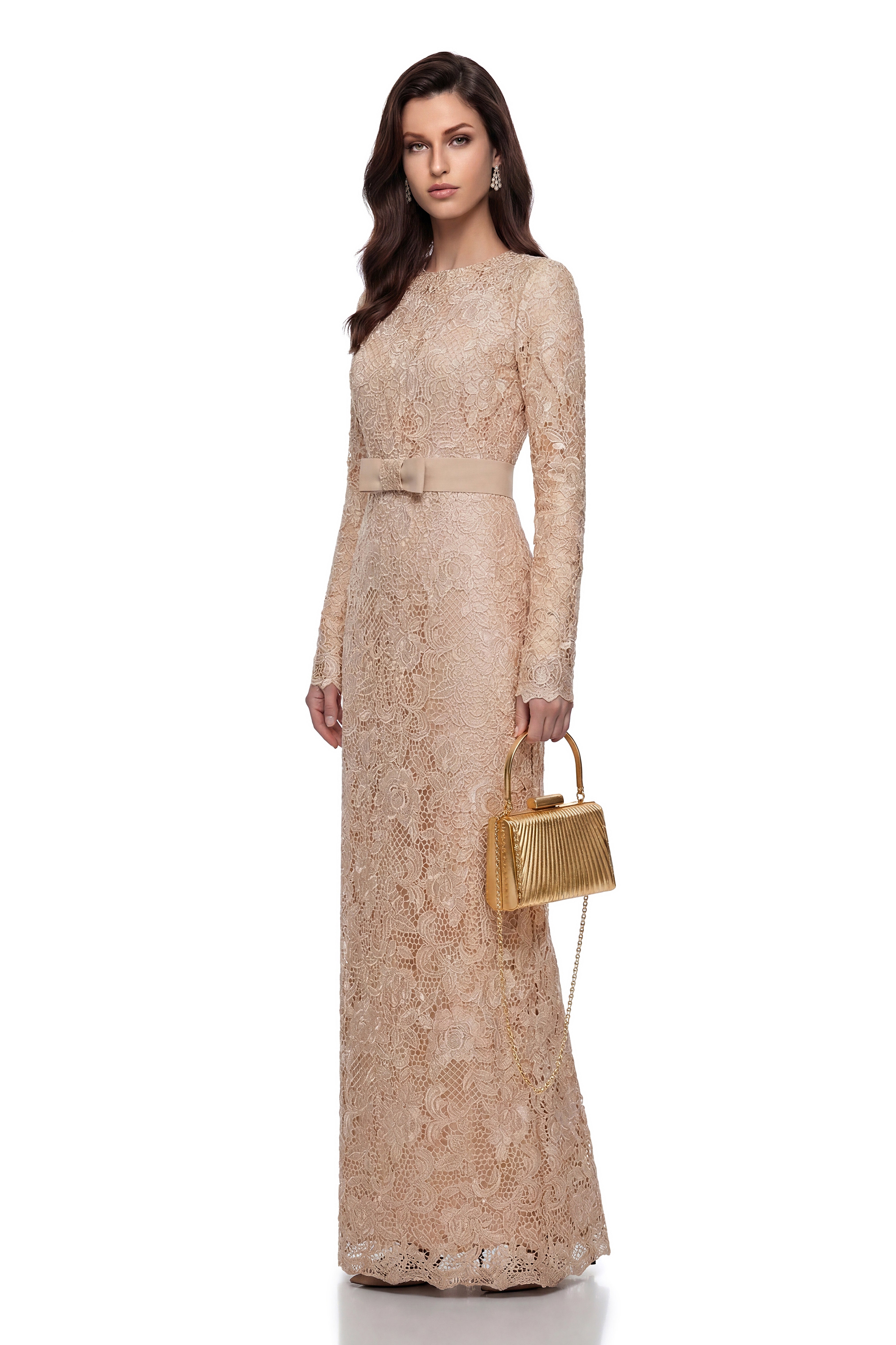 Aria Gold Belted Maxi Dress with Floral Lace Panels (Final Sale-US Only)