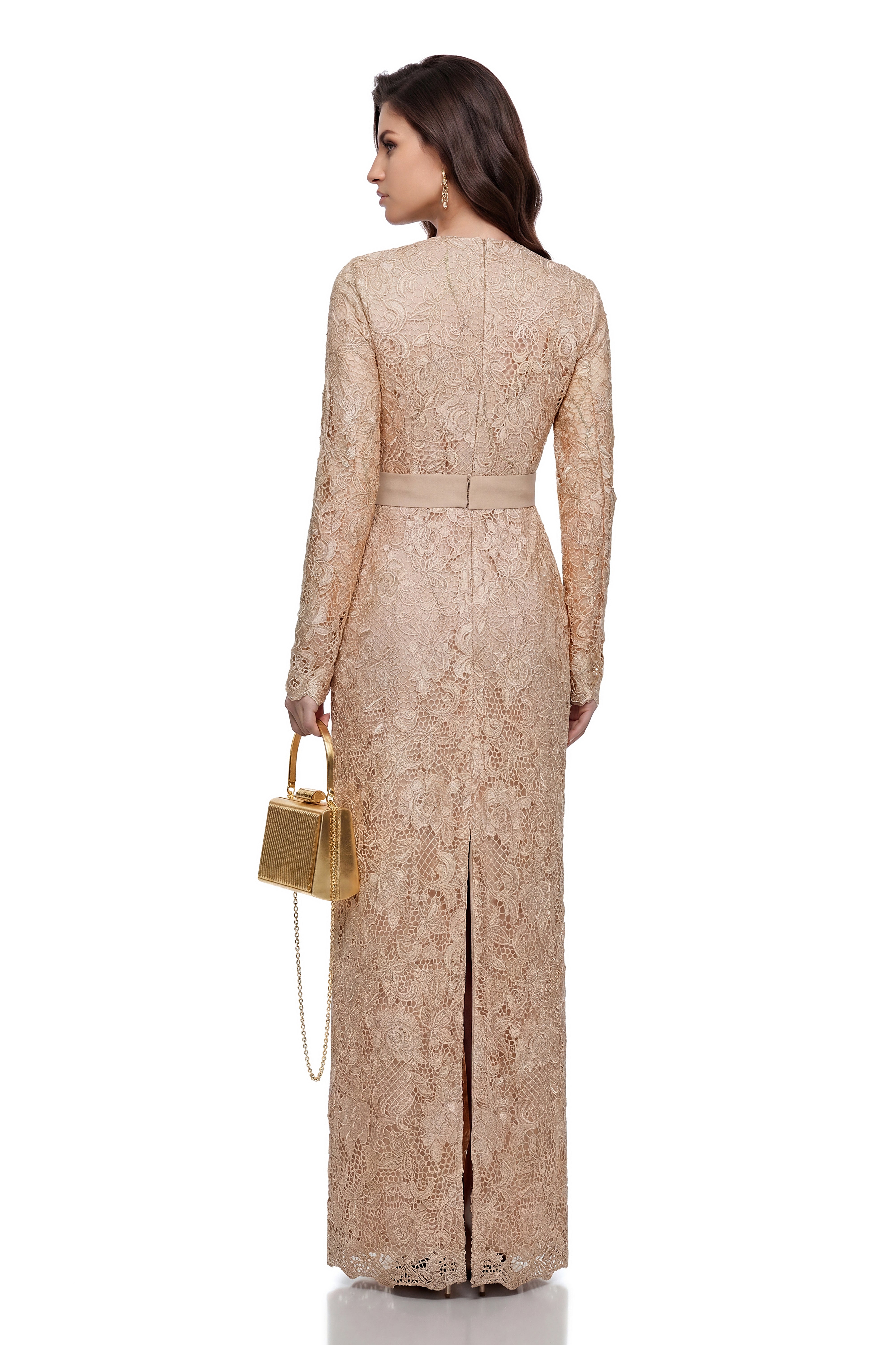 Aria Gold Belted Maxi Dress with Floral Lace Panels (Final Sale-US Only)
