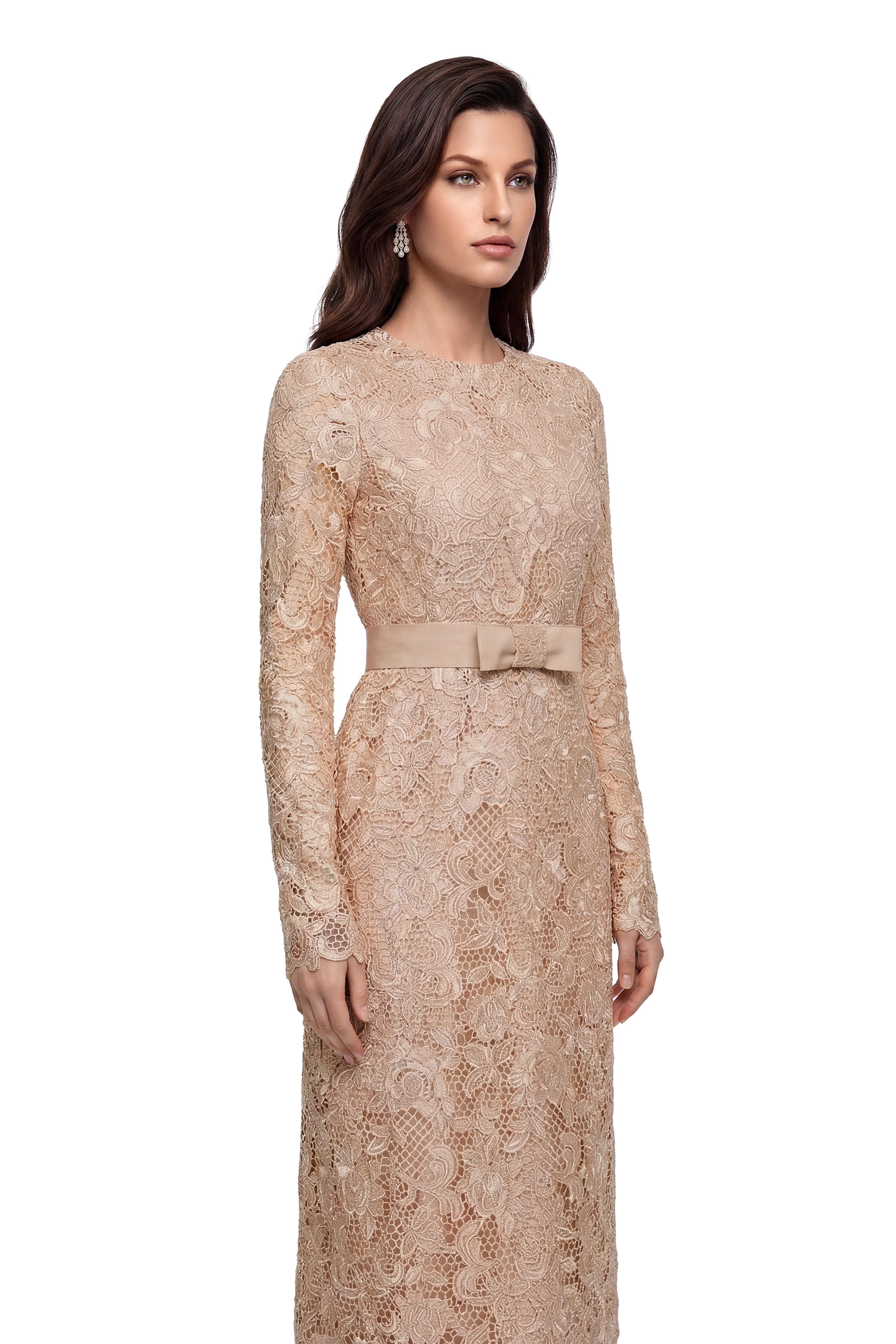 Aria Gold Belted Maxi Dress with Floral Lace Panels (Final Sale-US Only)