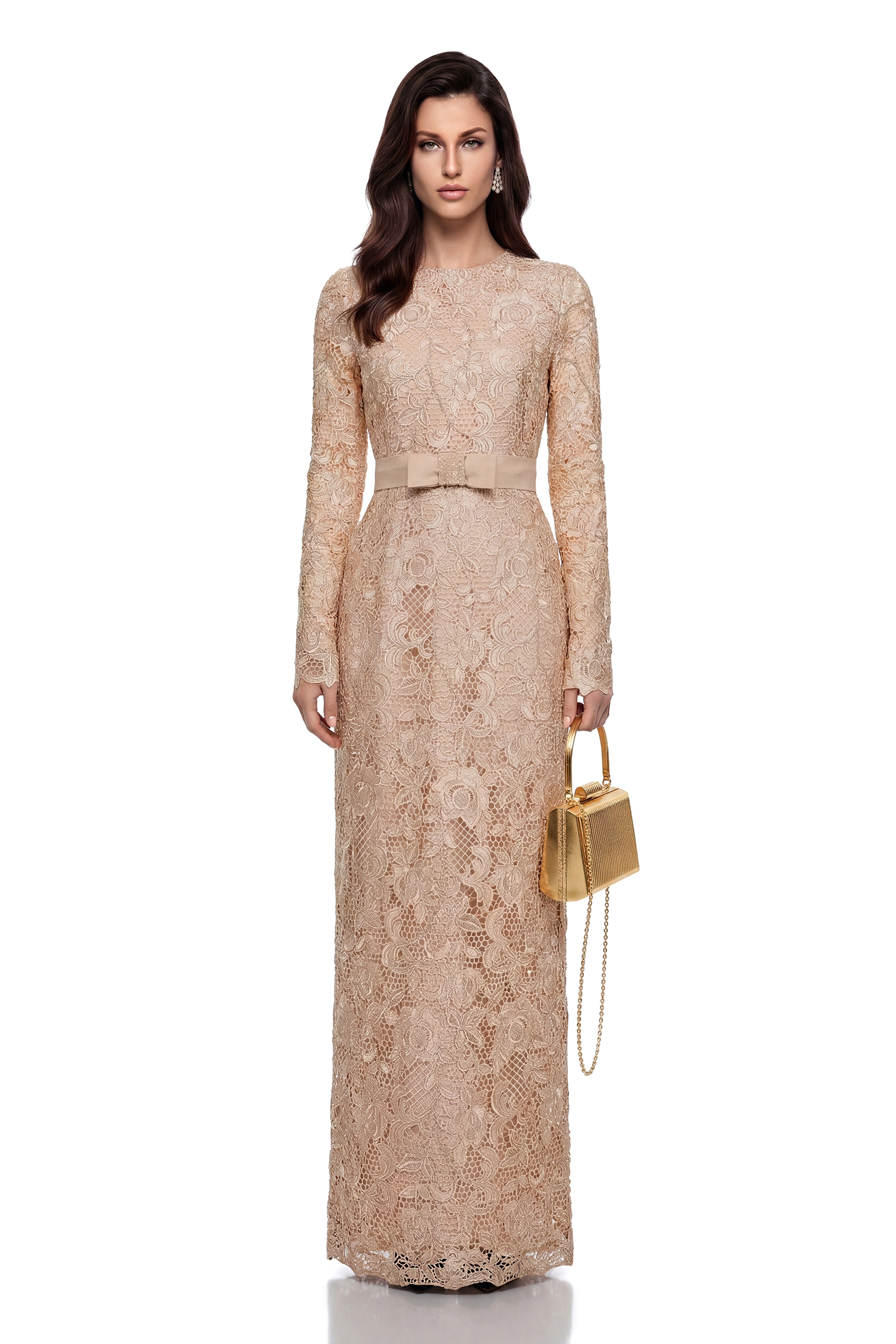 Aria Gold Belted Maxi Dress with Floral Lace Panels (Final Sale-US Only)