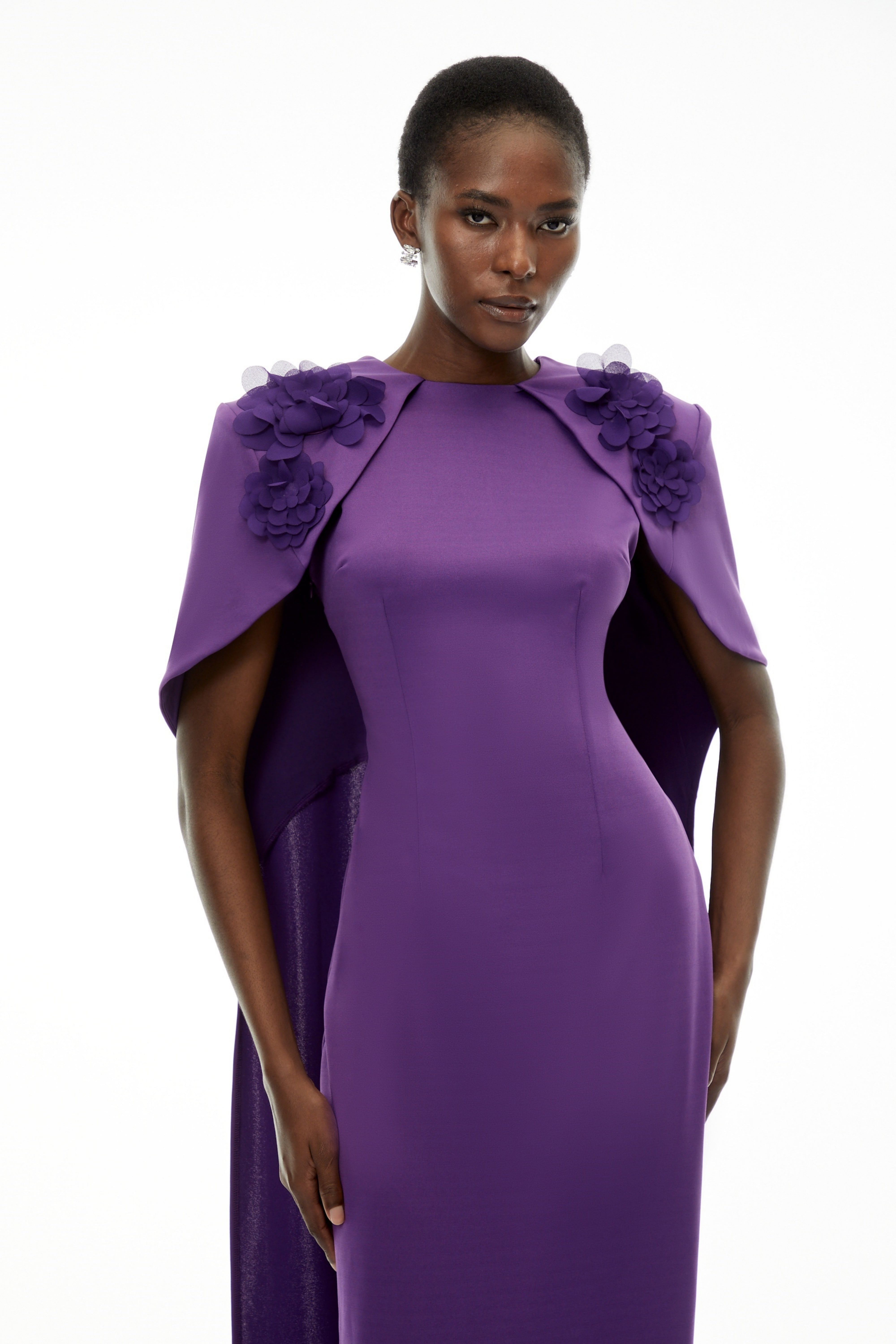 Aria Purple Cinched Maxi Dress with Cape and 3D Florals