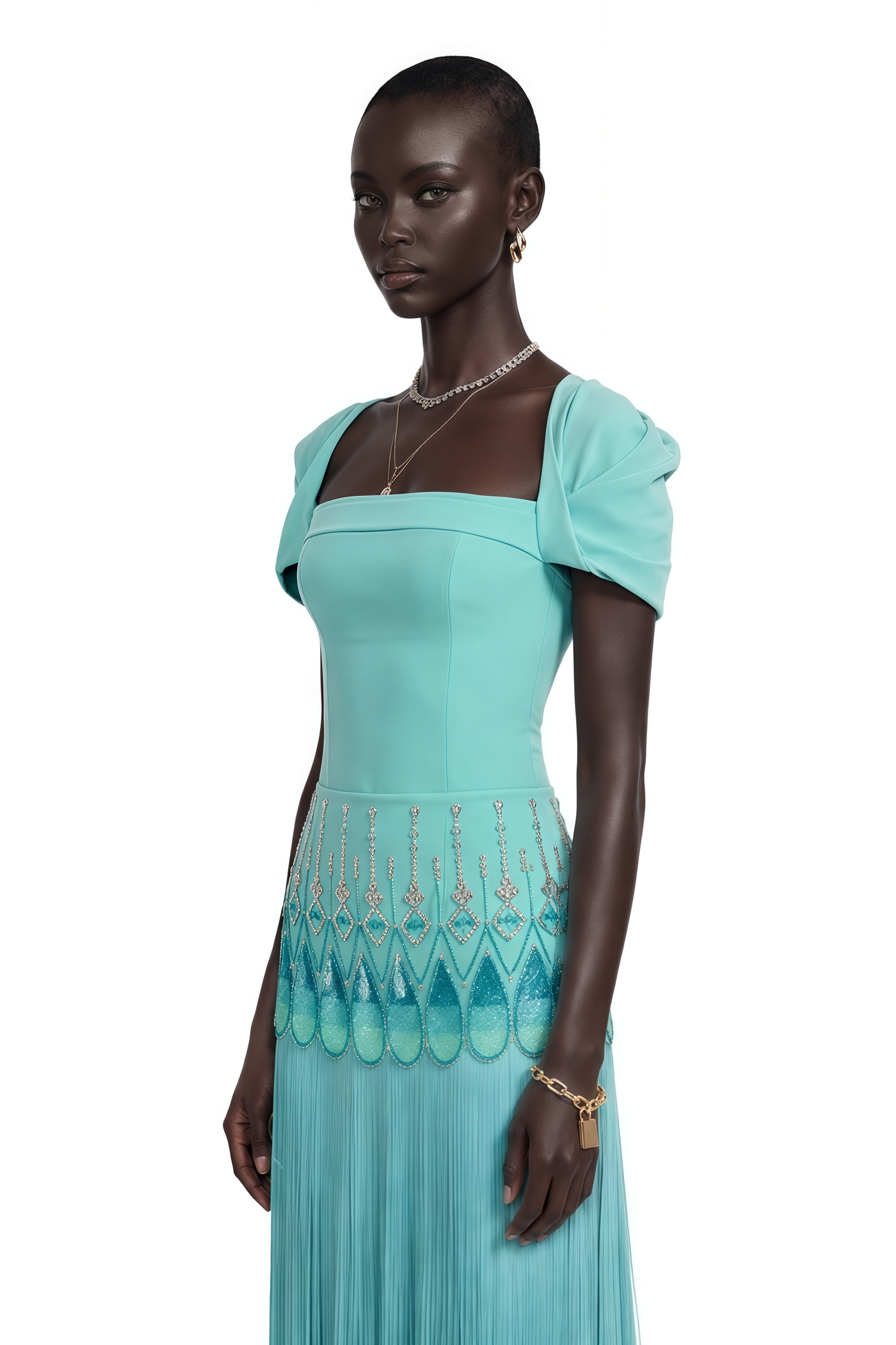 Arianwen Turquoise Embellished Fringe Maxi Dress