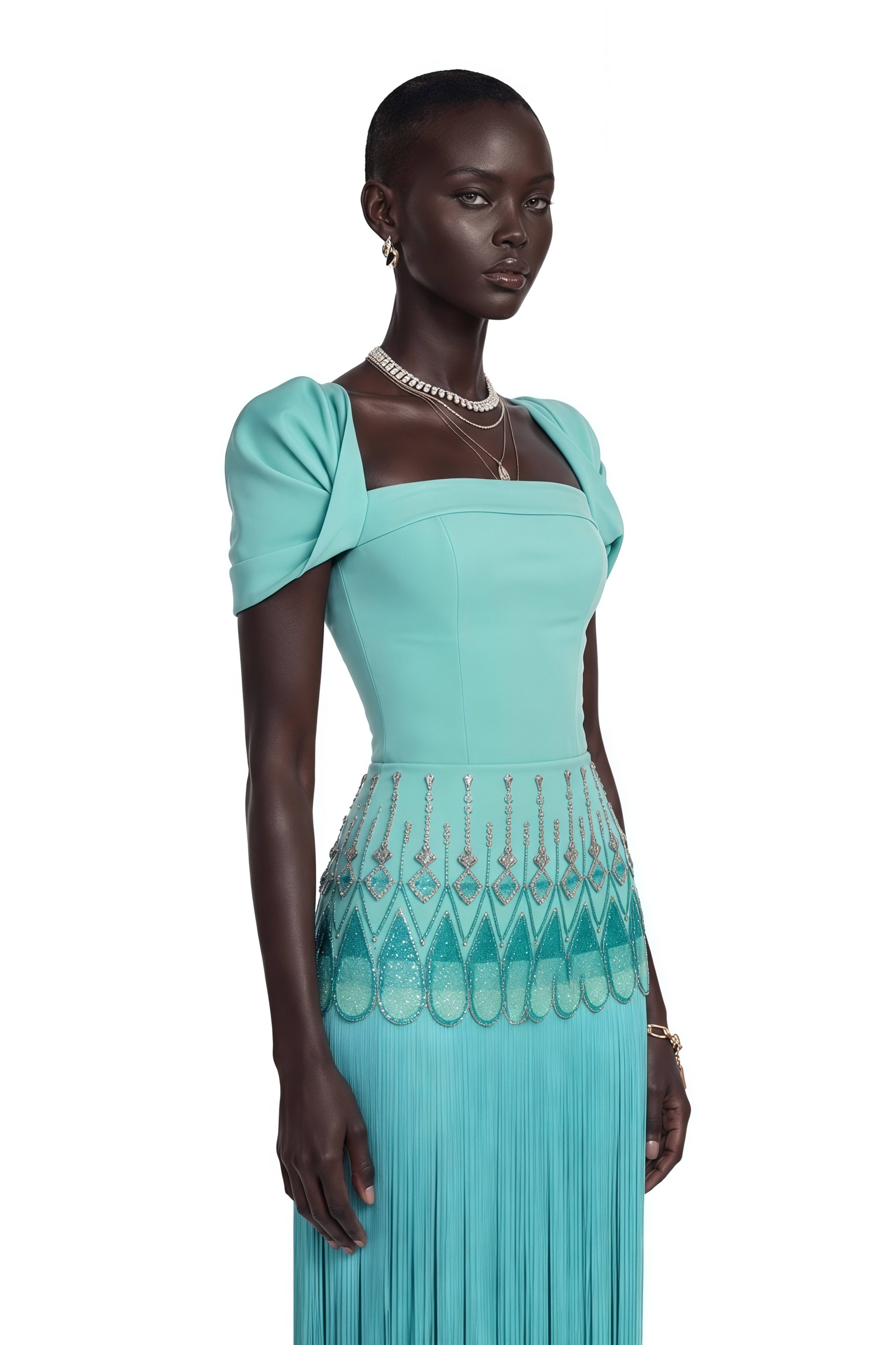 Arianwen Turquoise Embellished Fringe Maxi Dress